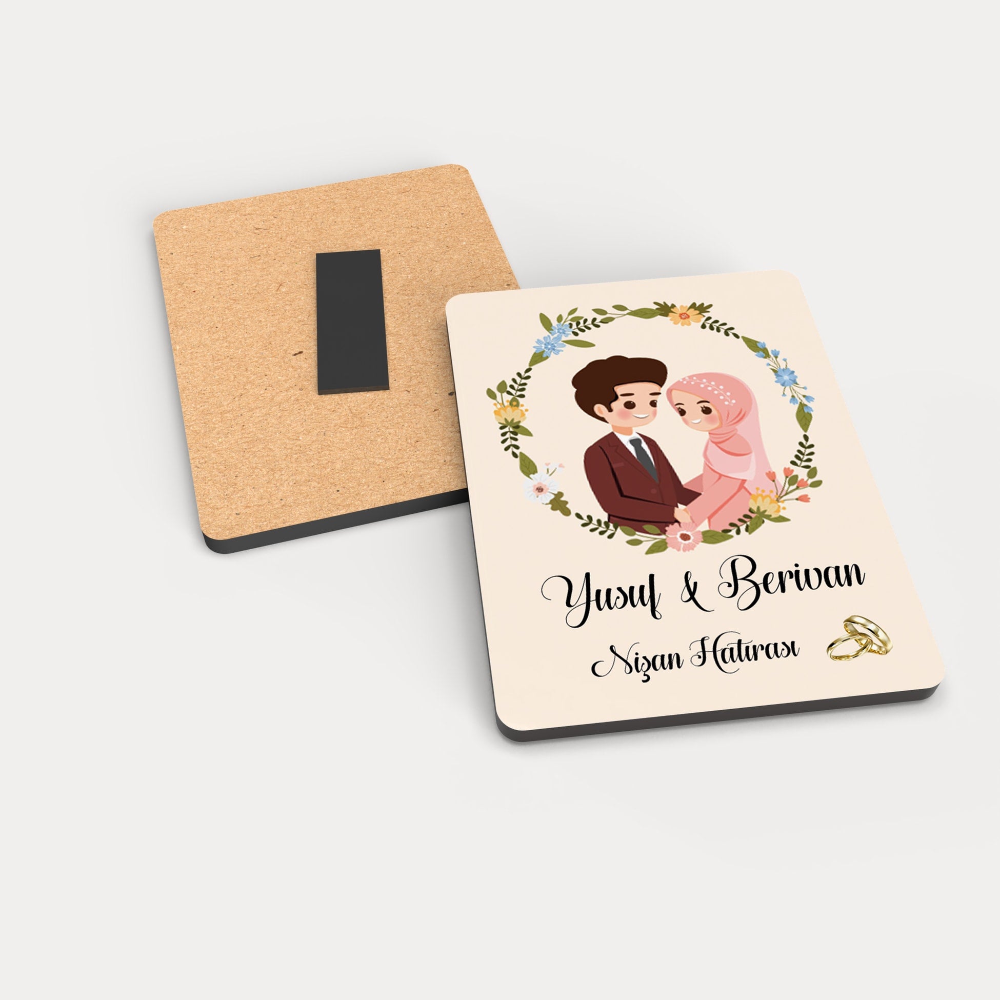 Tesettürlü Gelin Damat Desenli Ahşap Magnet