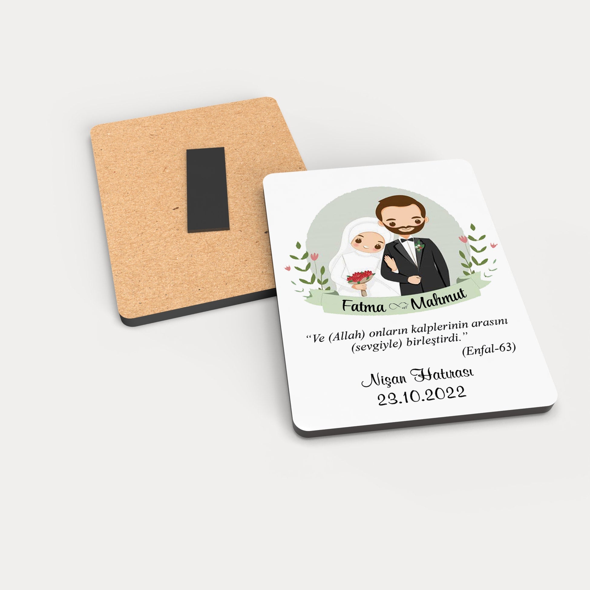 Tesettürlü Gelin Damat Desenli Ahşap Magnet
