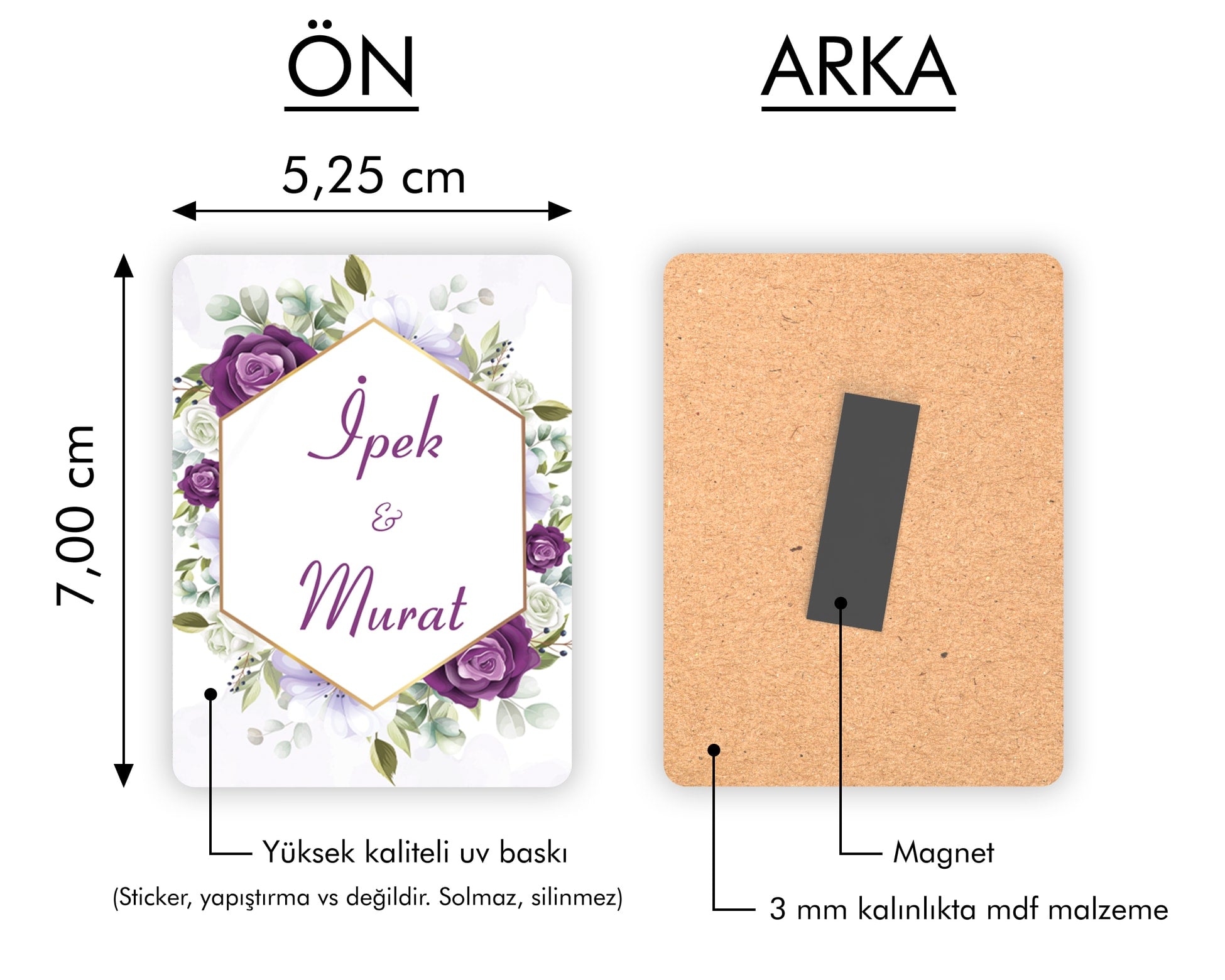 Mor Çiçek Desenli Ahşap Magnet