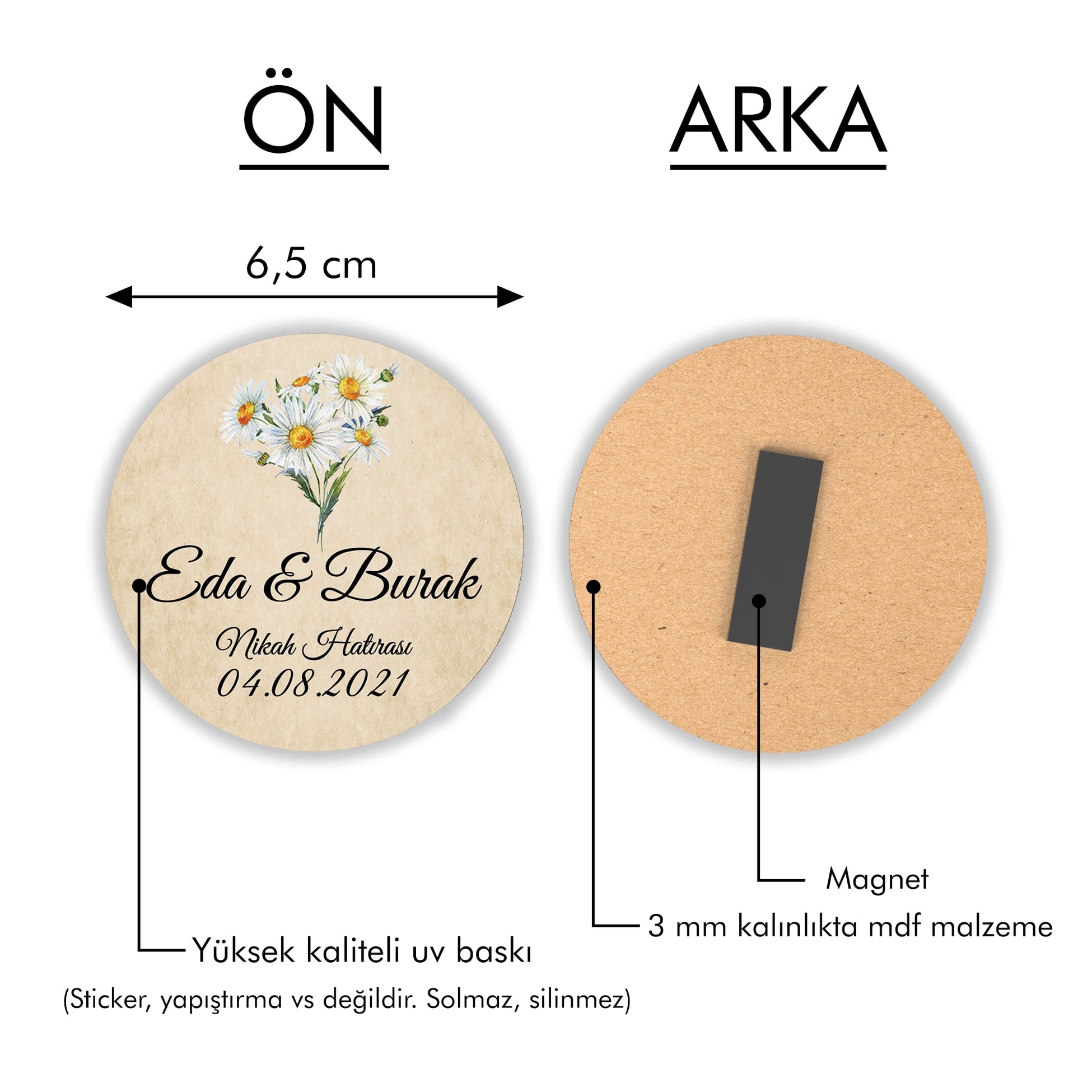 Papatya Desenli Yuvarlak Ahşap Magnet