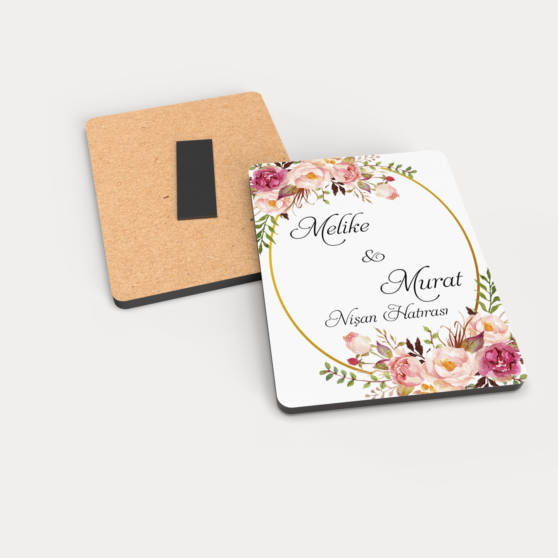 Pembe Çiçek Desenli Ahşap Magnet