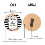 Siyah Beyaz Çizgi Renkli Çiçek Desenli Yuvarlak Ahşap Magnet