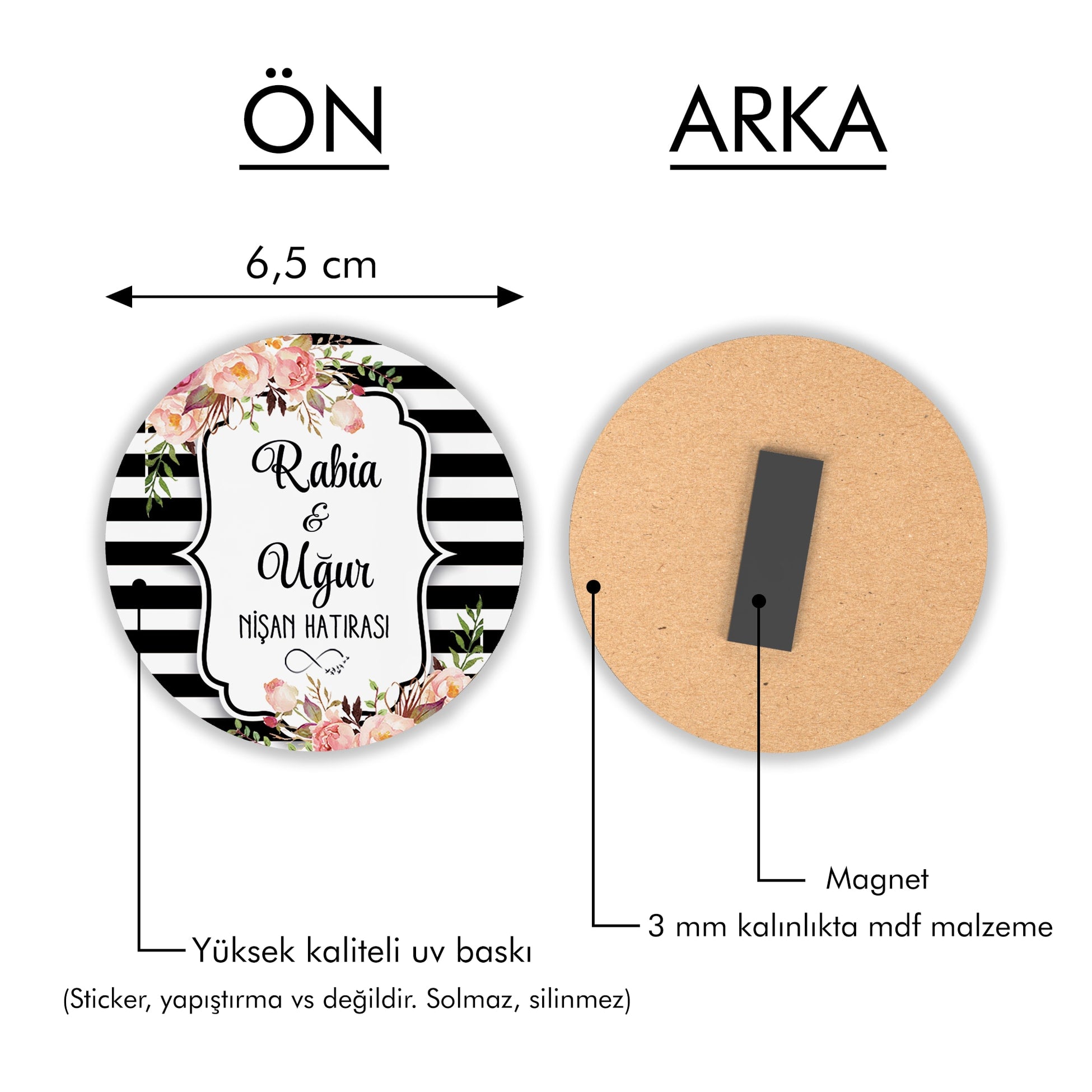 Siyah Beyaz Çizgi Renkli Çiçek Desenli Yuvarlak Ahşap Magnet