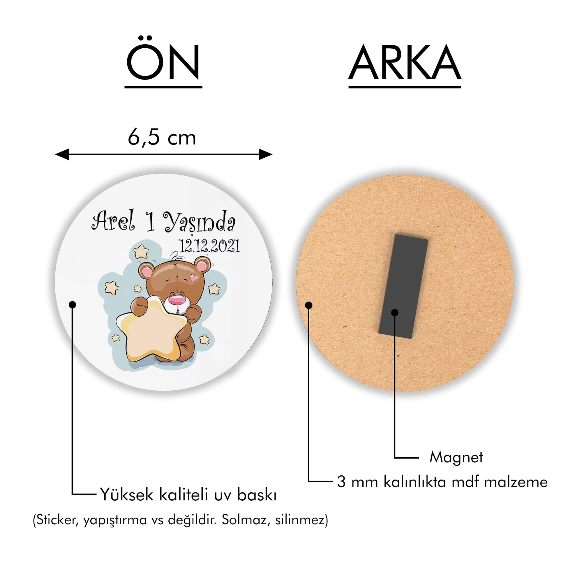 Ayıcık Desenli Yuvarlak Ahşap Magnet