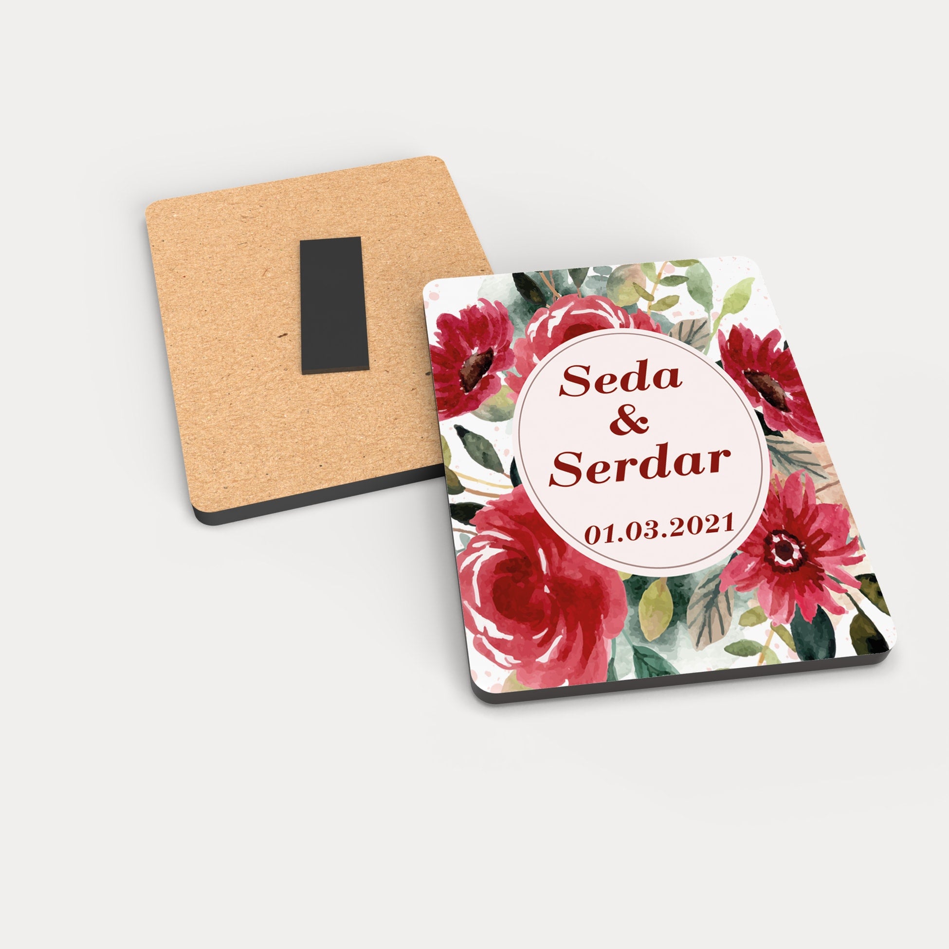 Kırmızı Gül Çiçek Desenli Ahşap Magnet