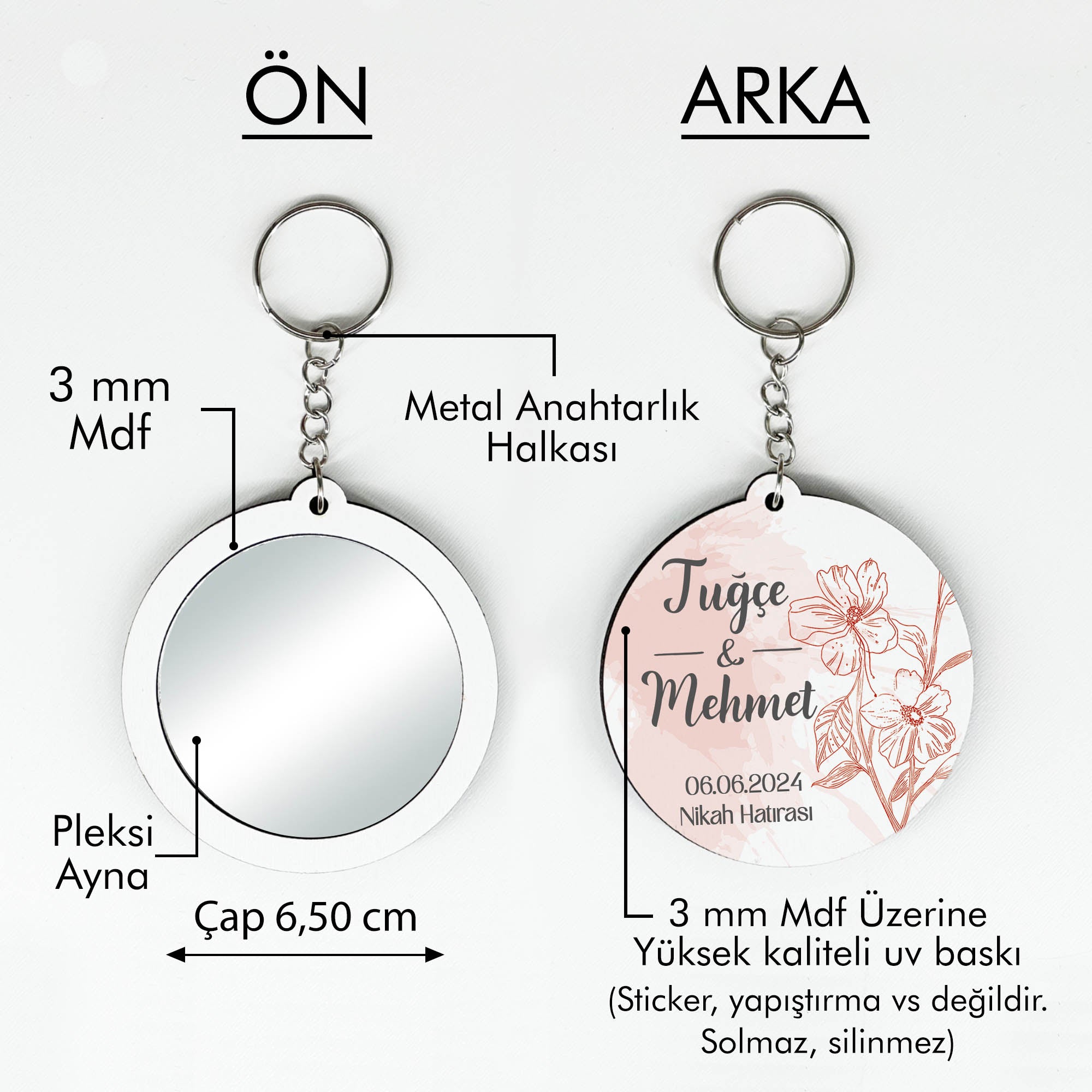 Minimal Çiçek Desenli Anahtarlıklı Ayna