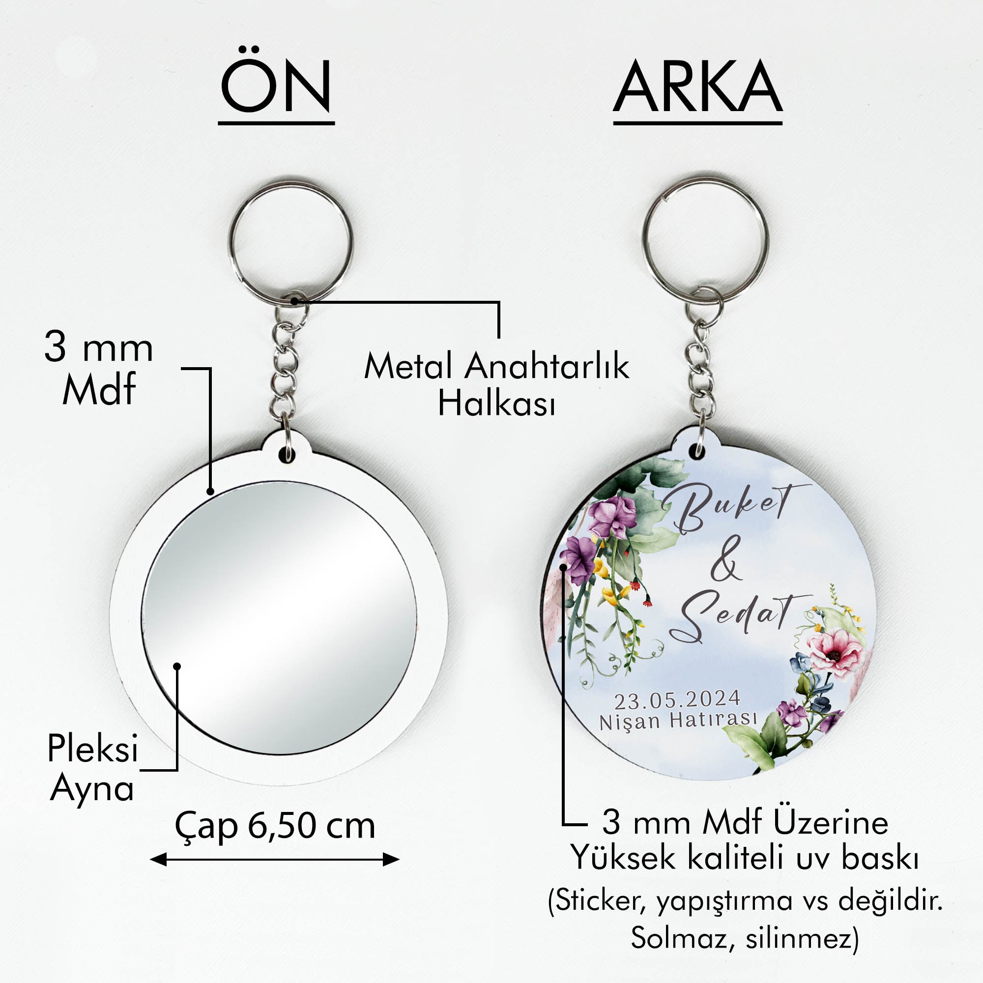 Nişan Hatırası Temalı Çiçek Desenli Anahtarlıklı Ayna