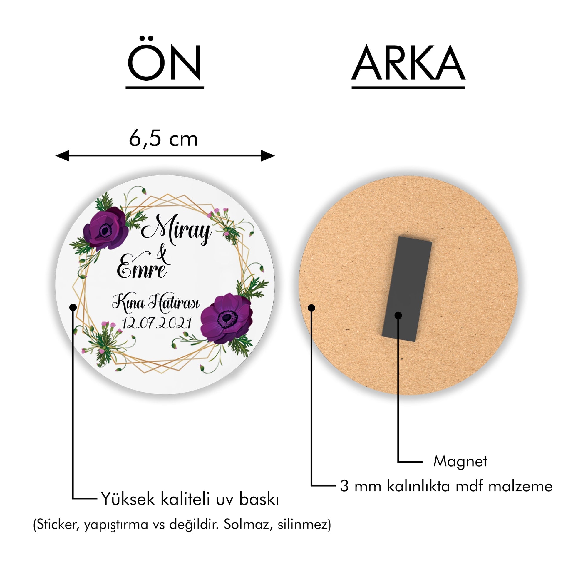 Mor Çiçek Desenli Yuvarlak Ahşap Magnet