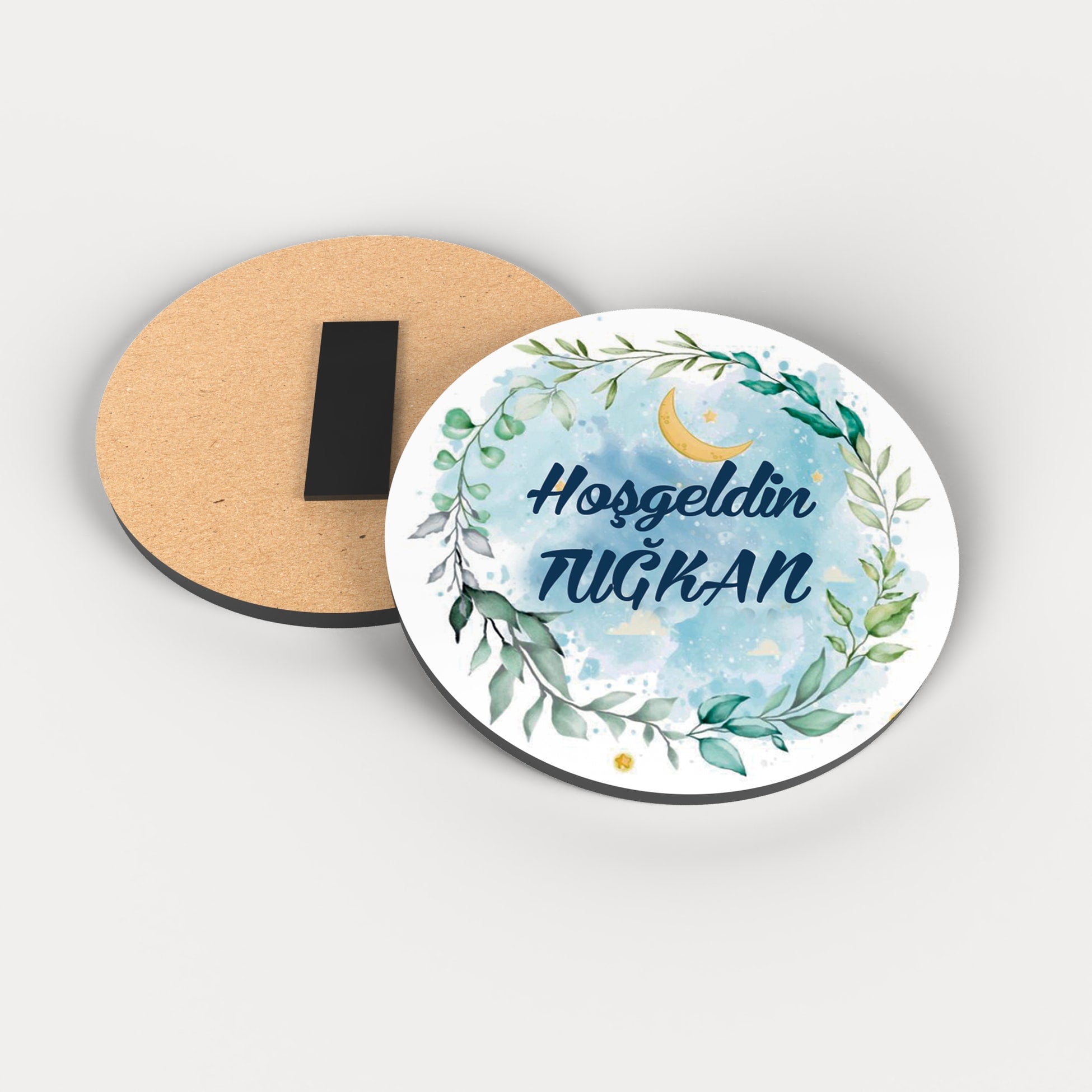 Yeşil Çelenkli Yuvarlak Ahşap Magnet