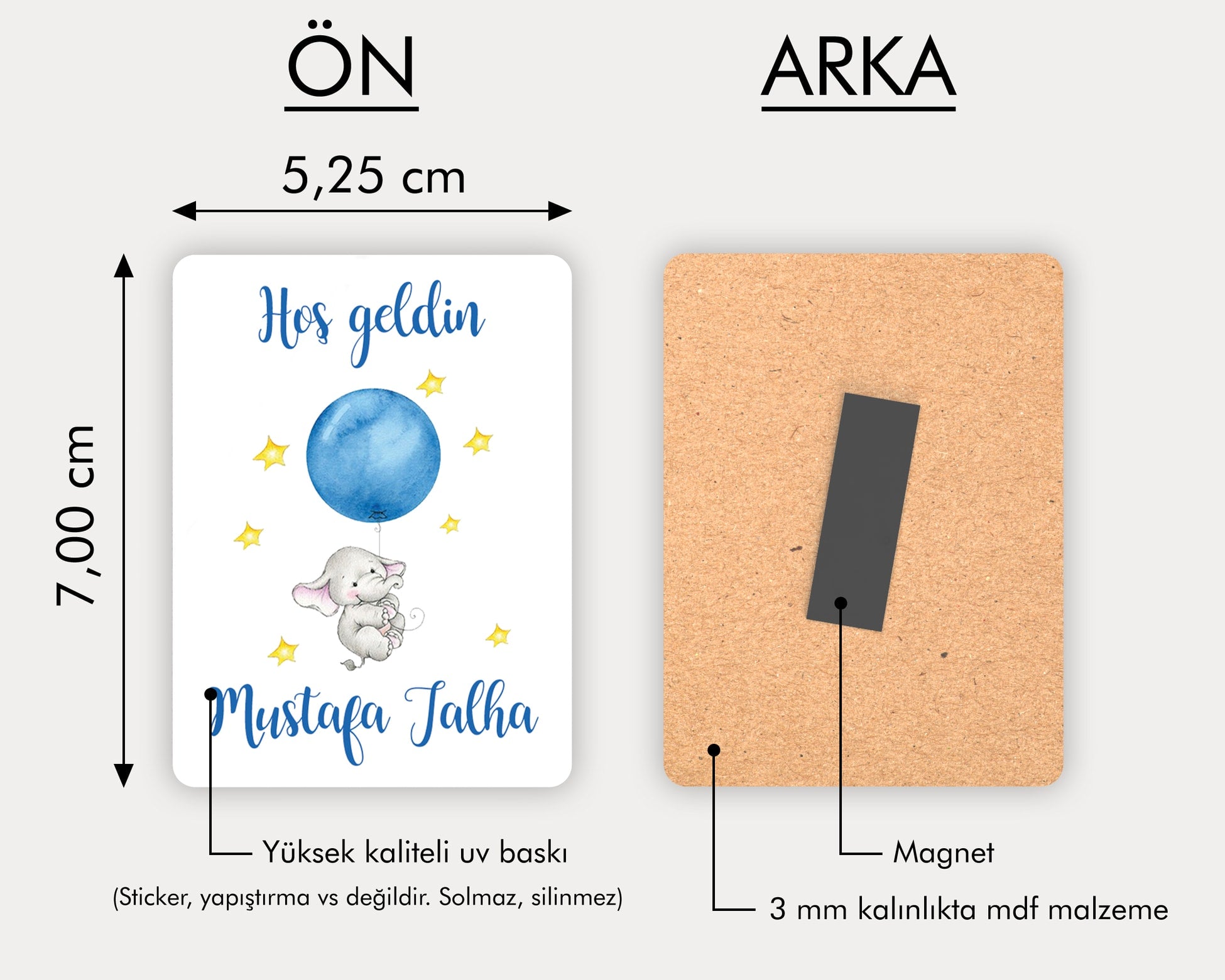 Mavi Balon Tutan Fil Desenli Ahşap Magnet
