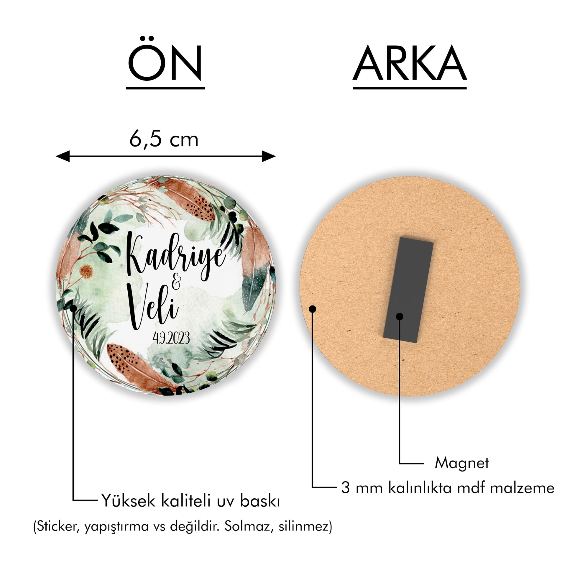 Yaprak Desenli Yuvarlak Ahşap Magnet