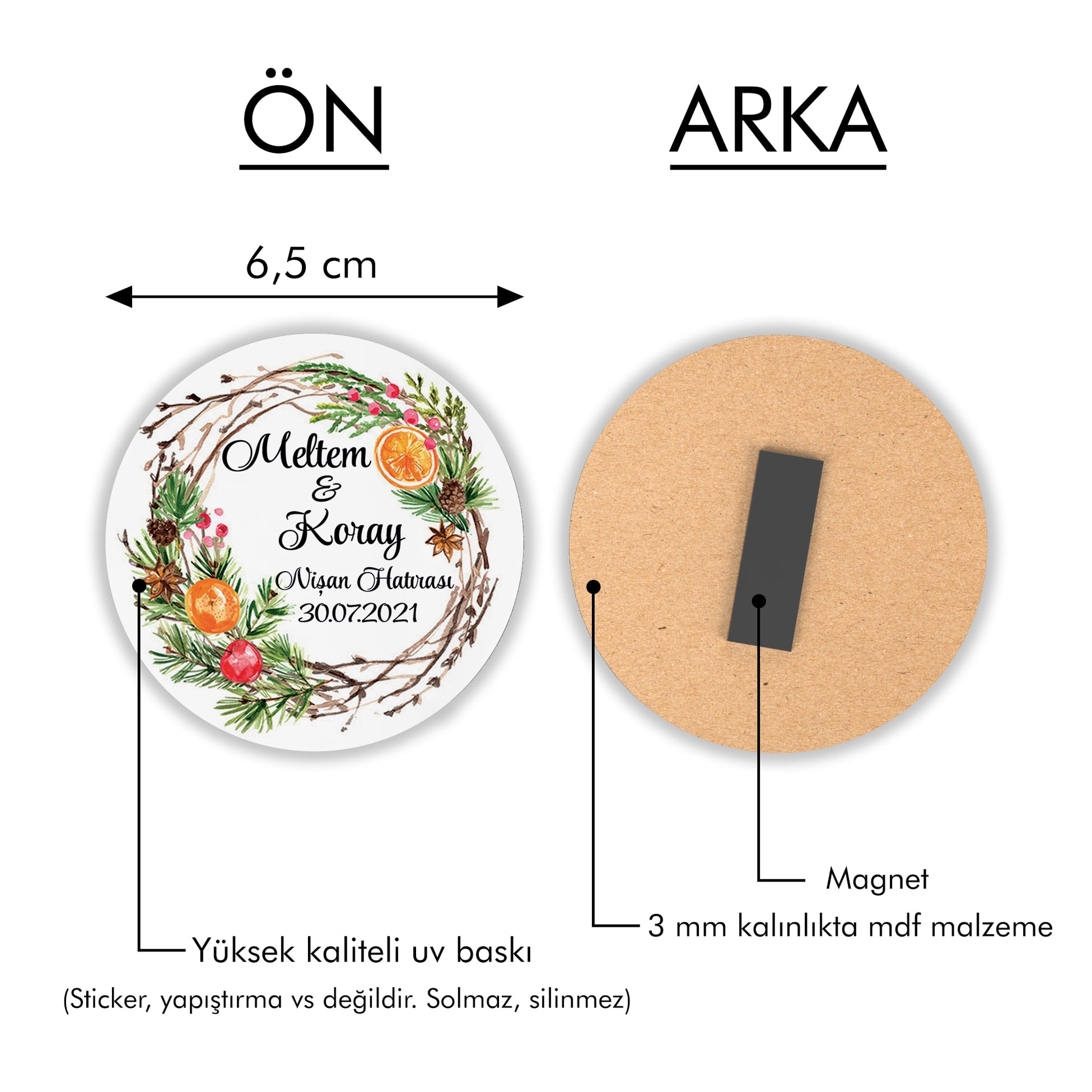 Portakallı Çelenkli Yuvarlak Ahşap Magnet