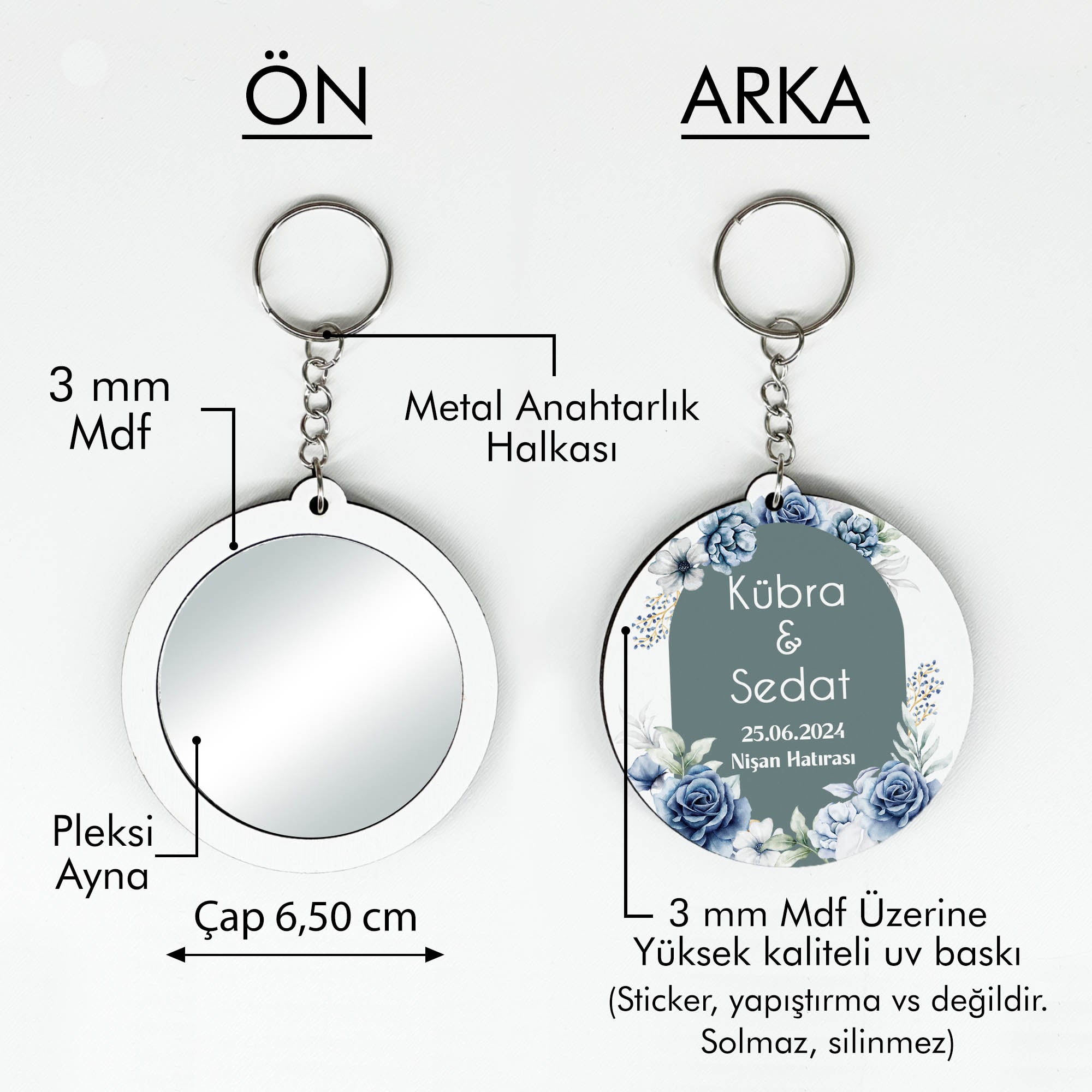 Mavi Beyaz Çiçek Desenli Anahtarlıklı Ayna
