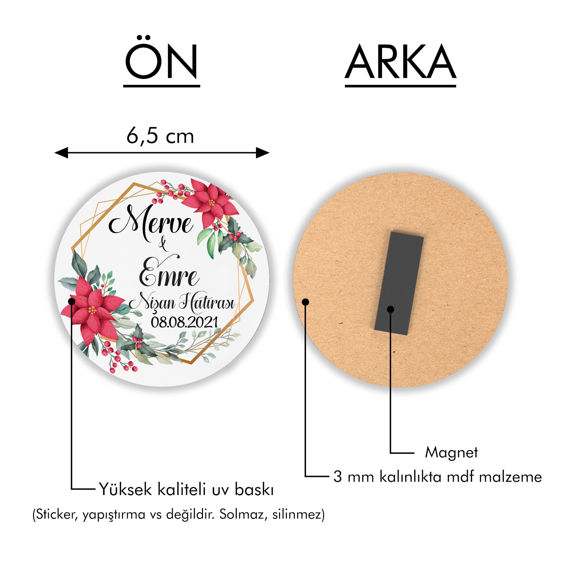 Kırmızı Çiçek Desenli Yuvarlak Ahşap Magnet