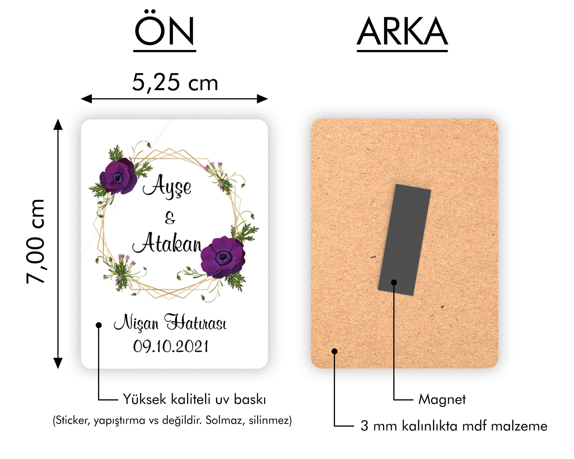 Mor Çiçek Desenli Ahşap Magnet