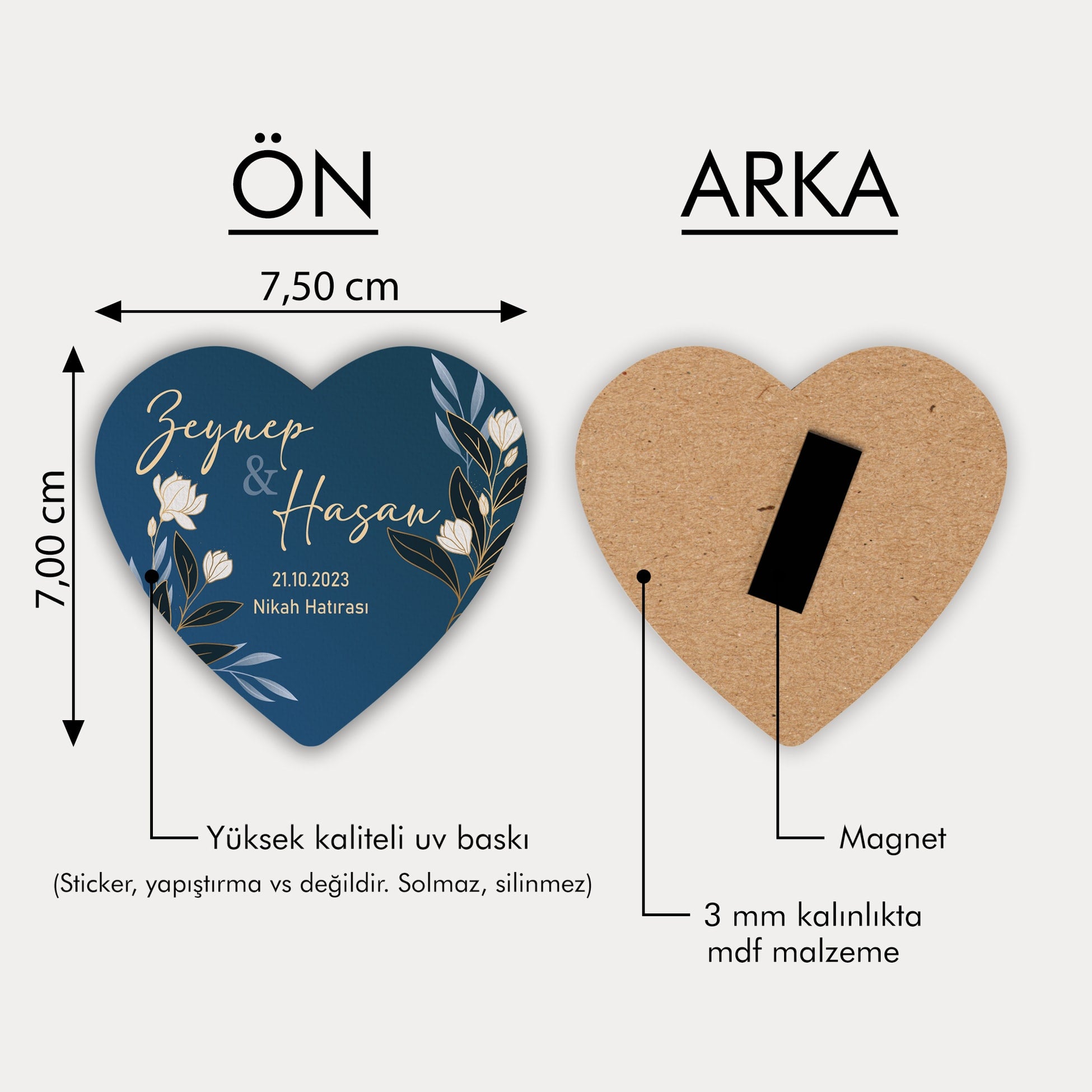 Mavi Arka Planlı Çiçek Desenli Ahşap Magnet