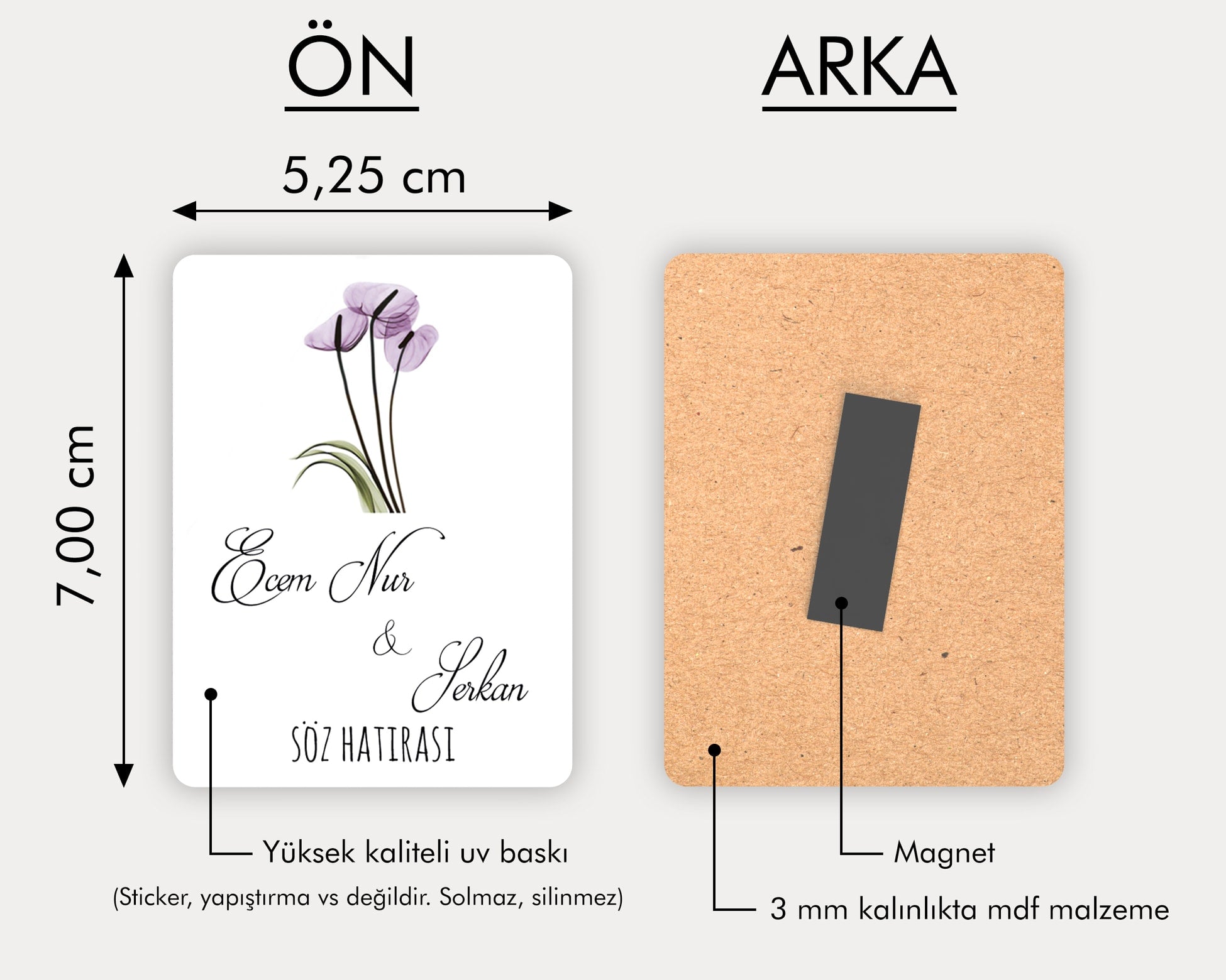 Mor Çiçek Desenli Ahşap Magnet