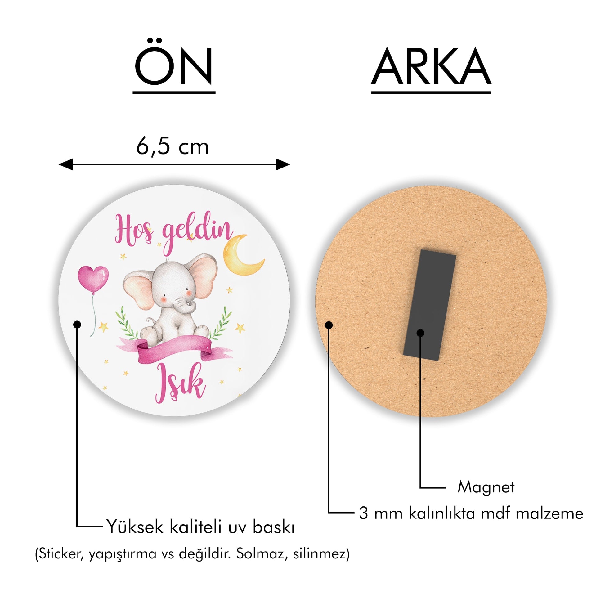 Pembe Fil Desenli Yuvarlak Ahşap Magnet