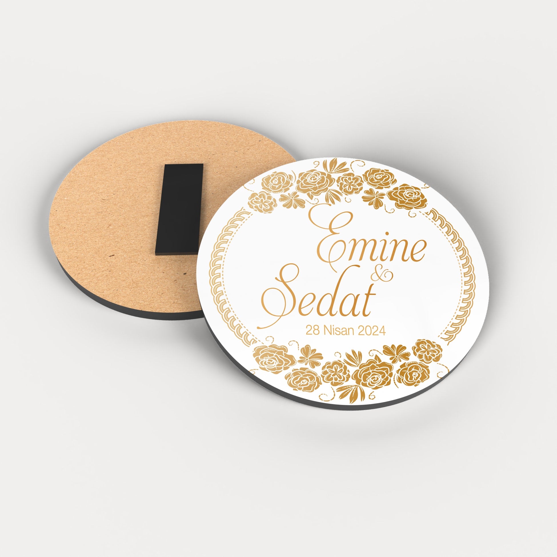 Gold Çiçekli Çerçeve Yuvarlak Ahşap Magnet