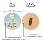 Uçan Balonda Fil Desenli Yuvarlak Ahşap Magnet
