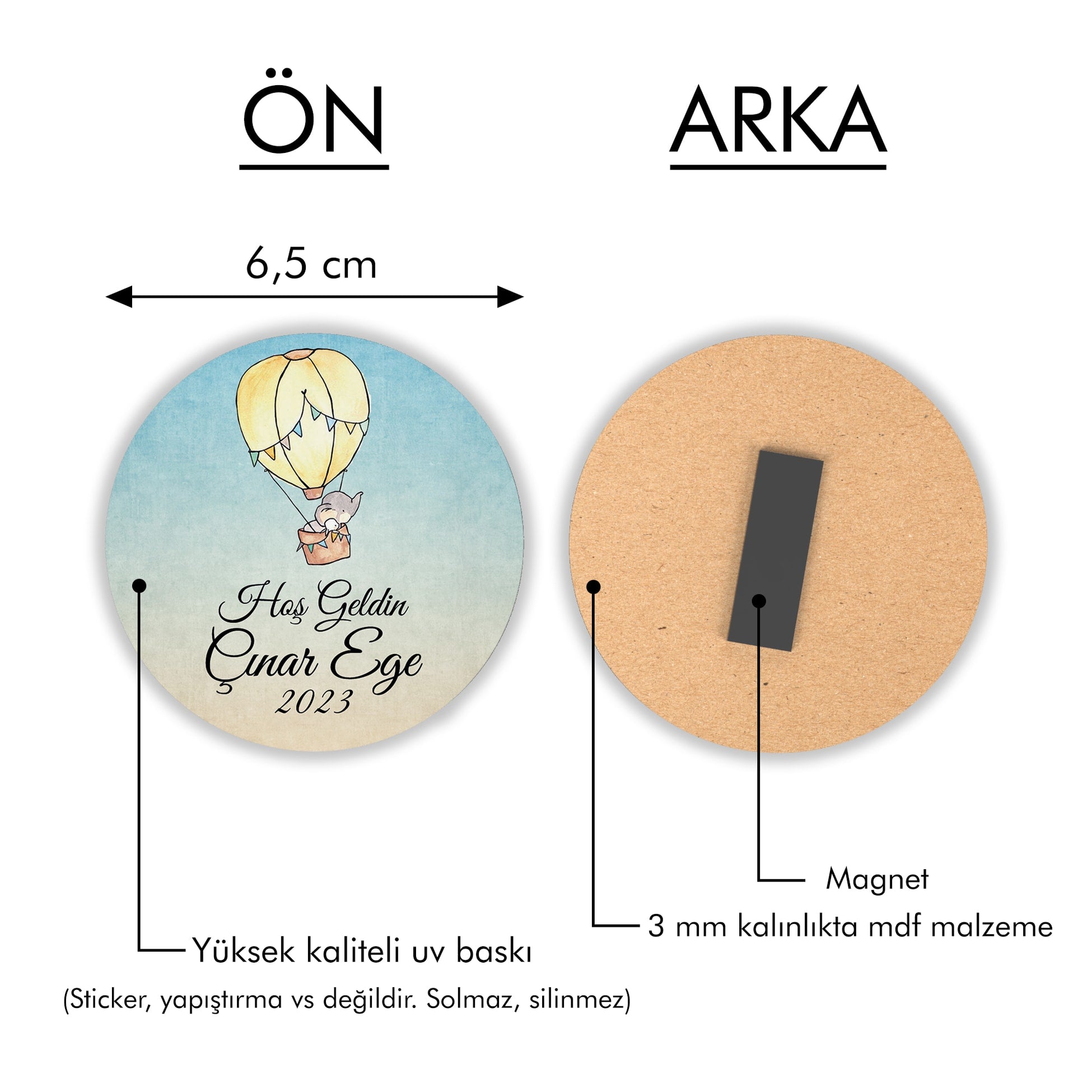 Uçan Balonda Fil Desenli Yuvarlak Ahşap Magnet
