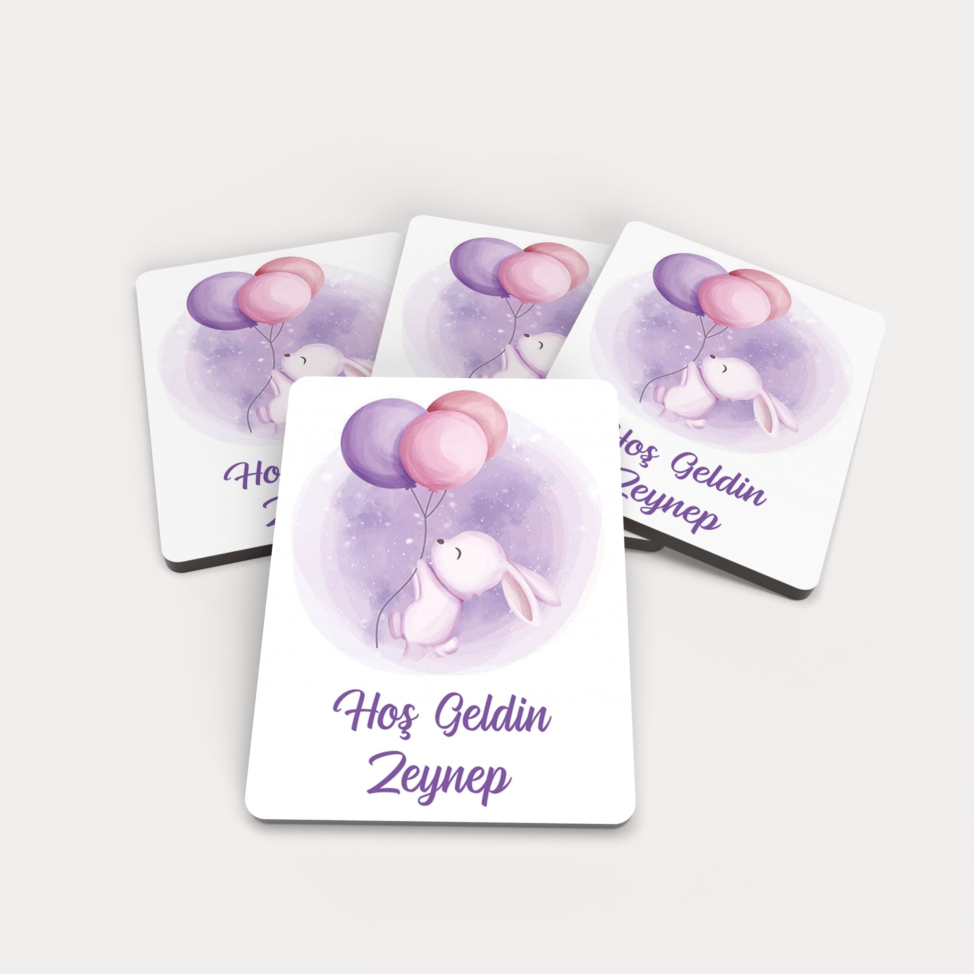 Mor Ve Pembe Balonlu Tavşan Desenli Ahşap Magnet