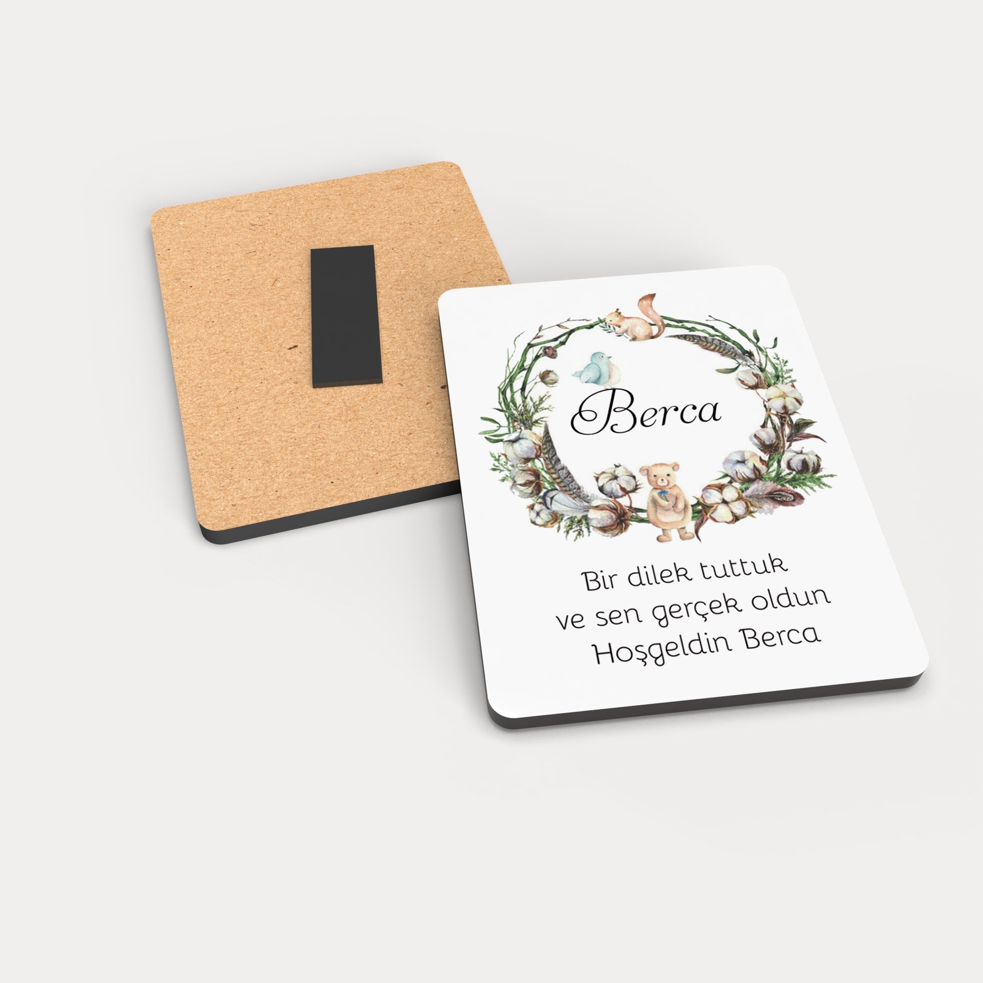Ayı ve Sincap Desenli Ahşap Magnet