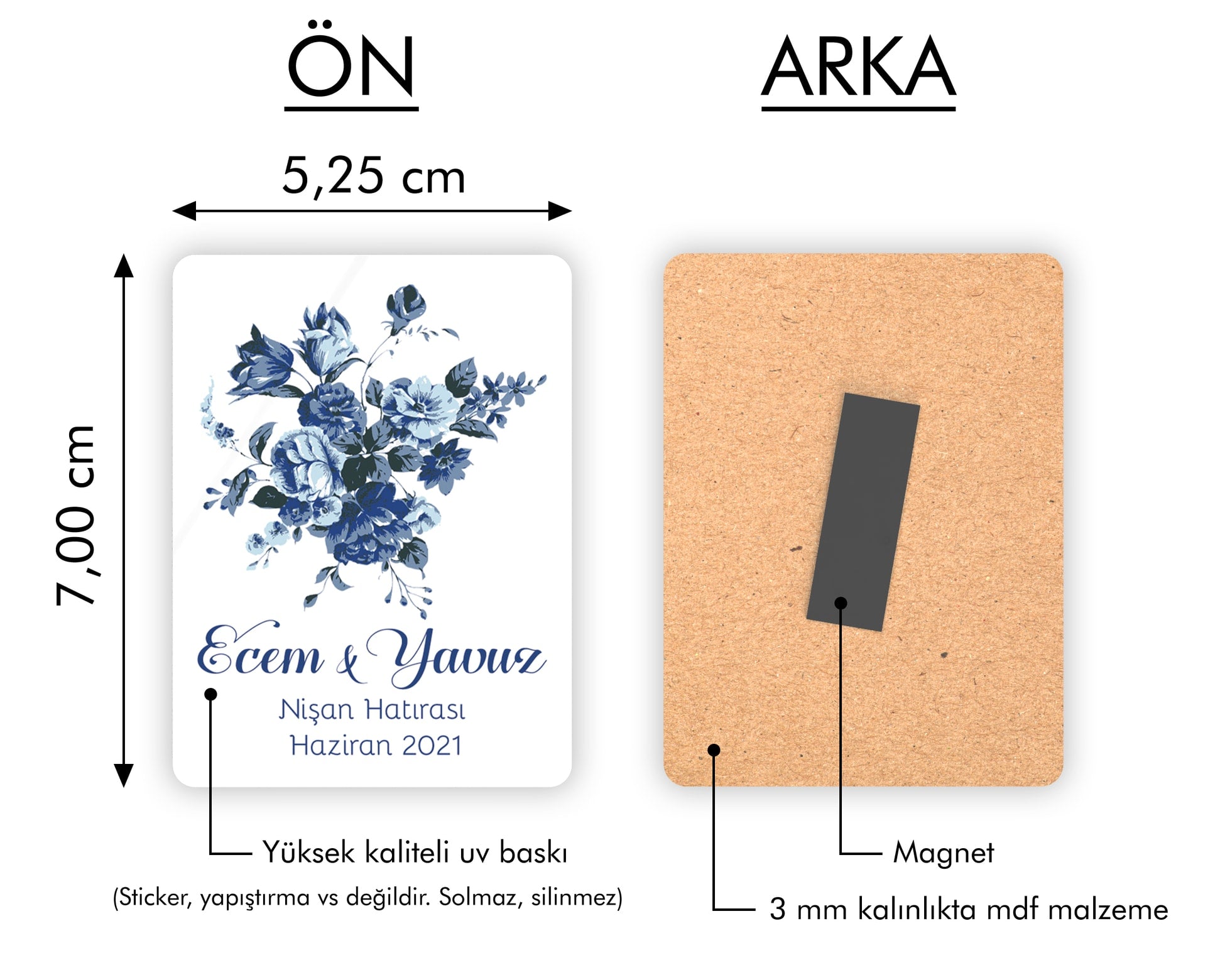 Mavi Çiçek Desenli Ahşap Magnet