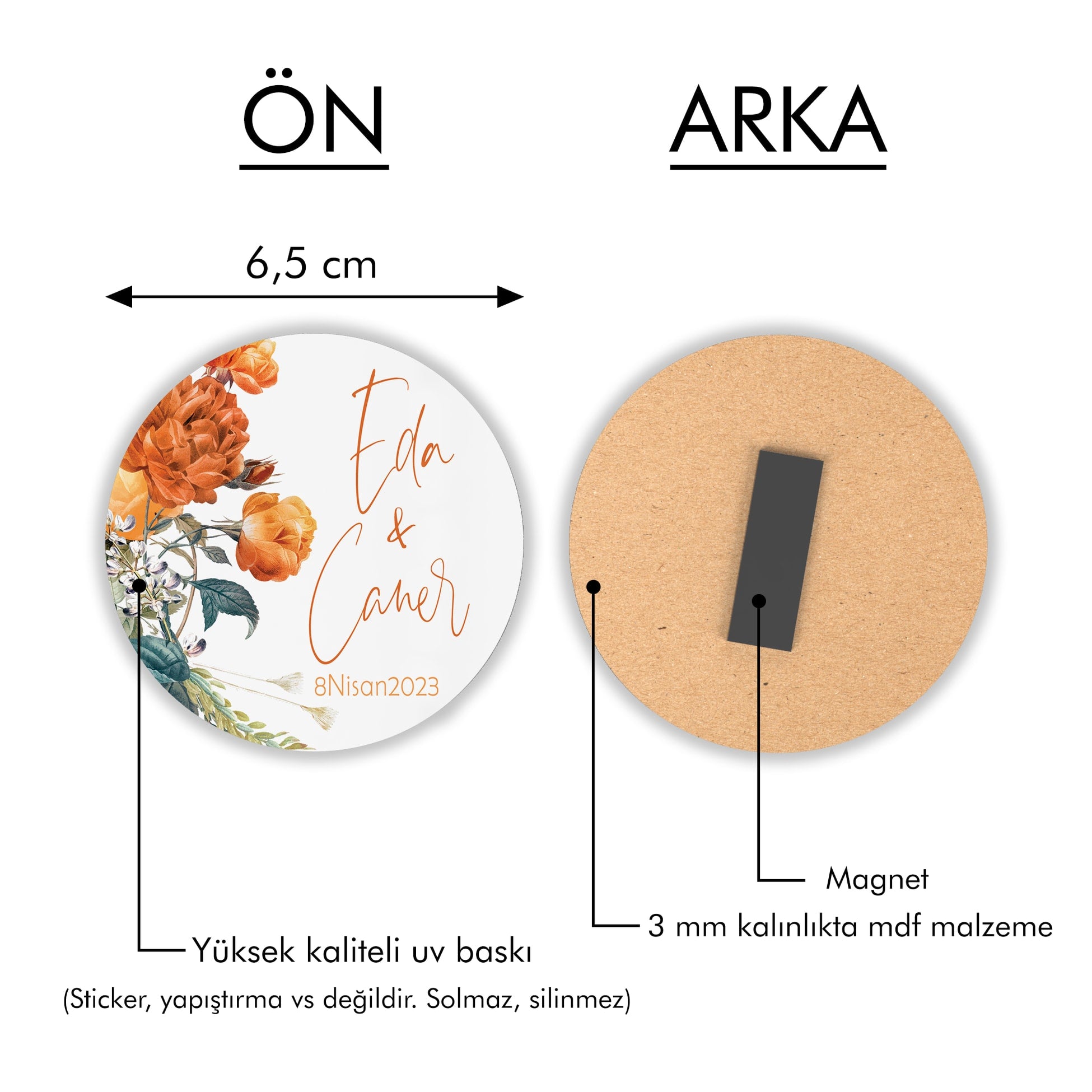 Turuncu Çiçek Desenli Yuvarlak Ahşap Magnet