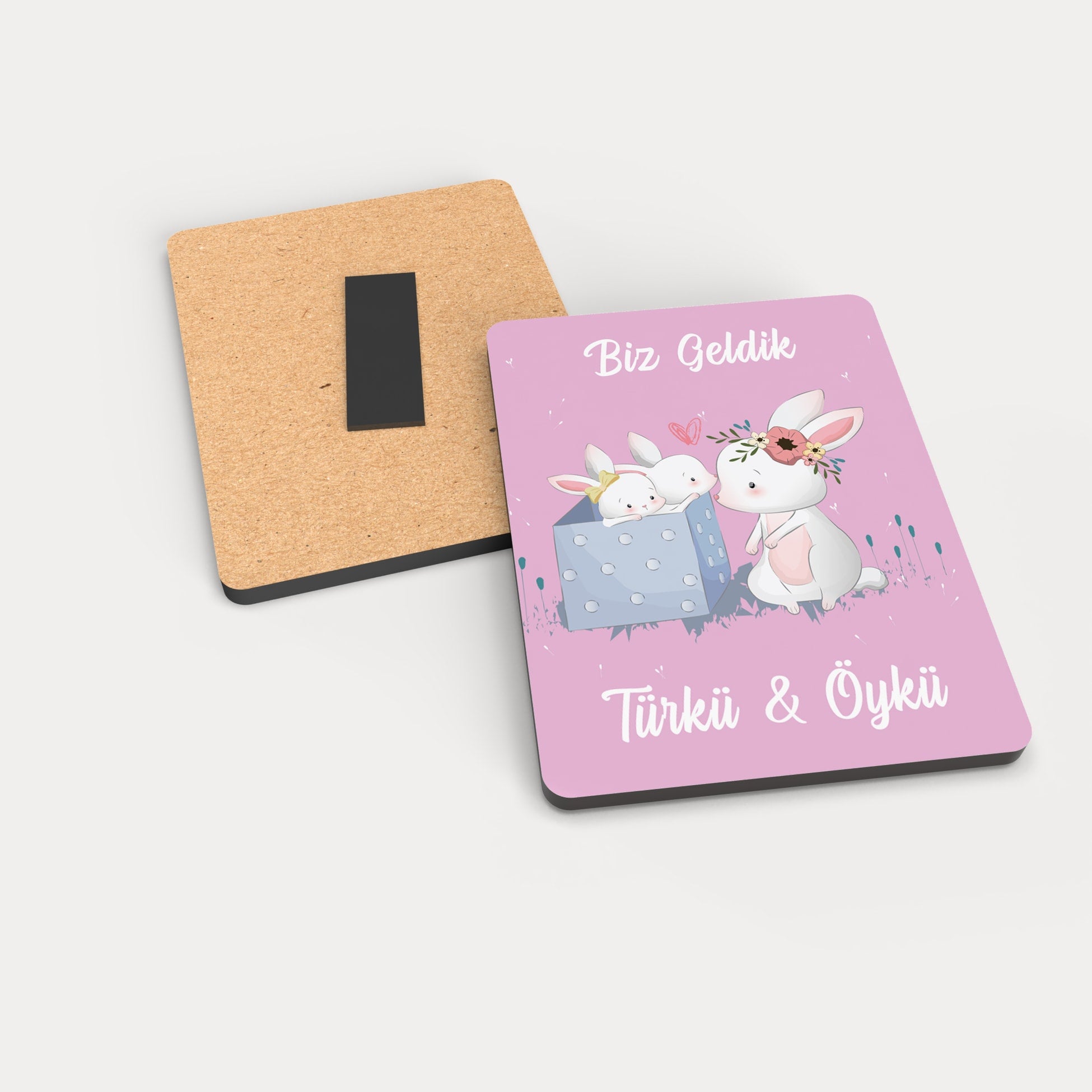 İkiz Tavşan Desenli Ahşap Magnet