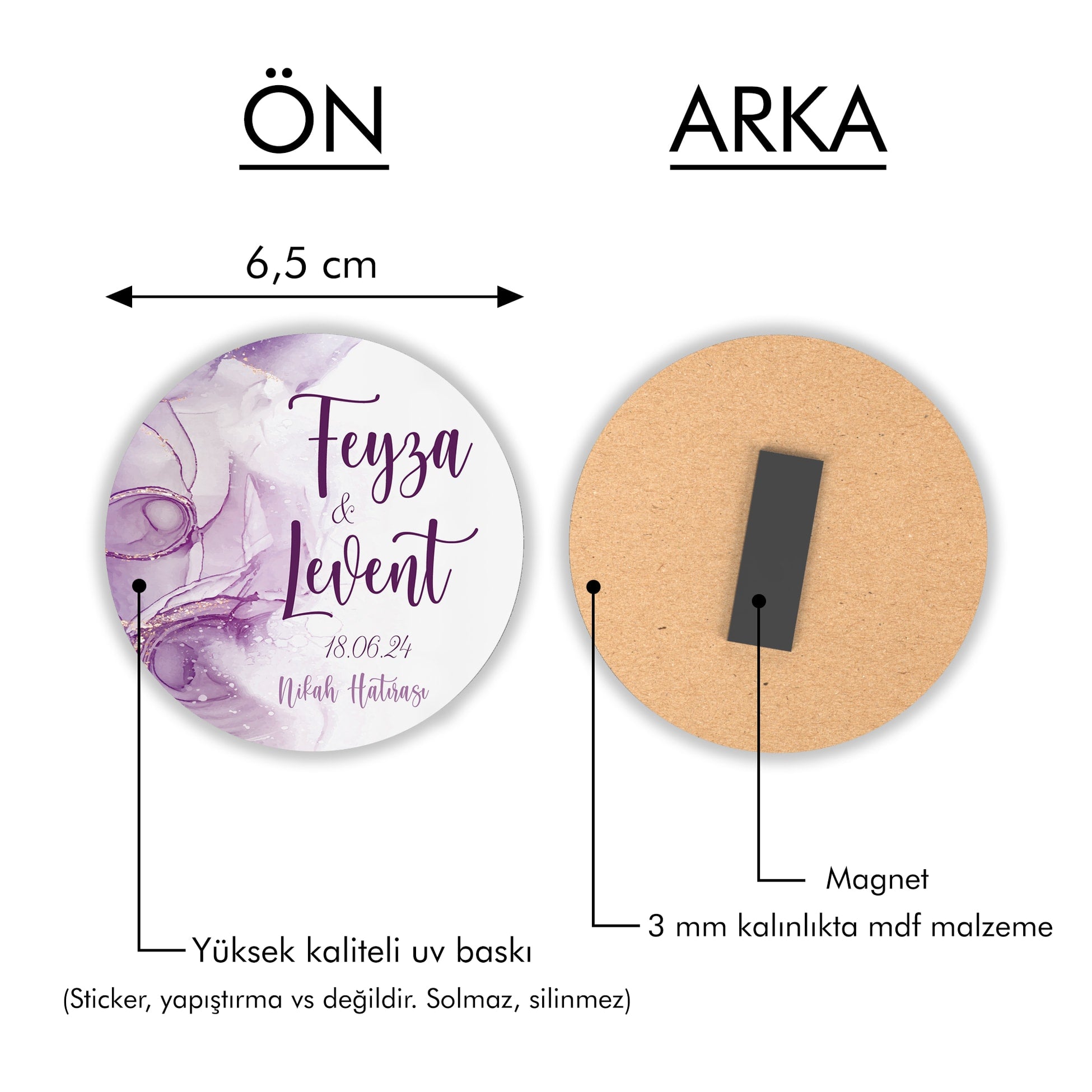Mor Sulu Boya Desenli Yuvarlak Ahşap Magnet