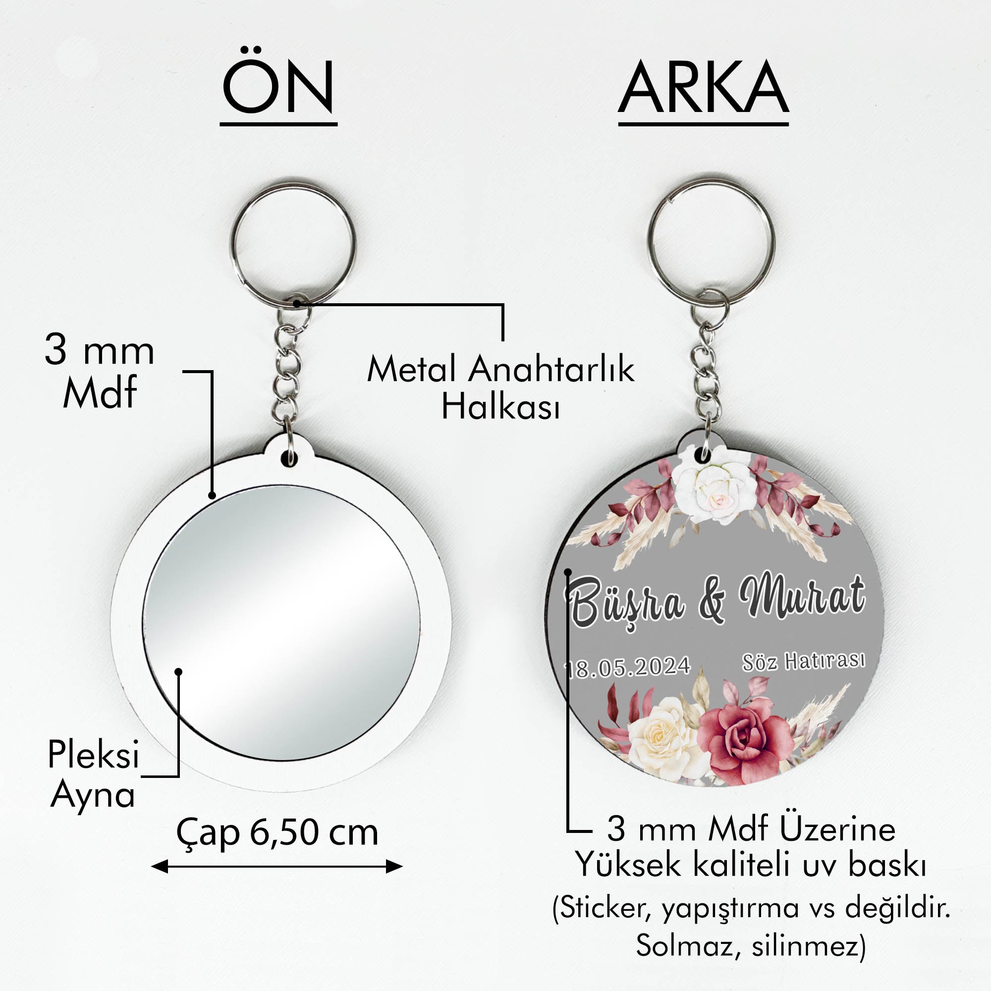 Pembe Krem Renkli Çiçek Desenli Anahtarlıklı Ayna