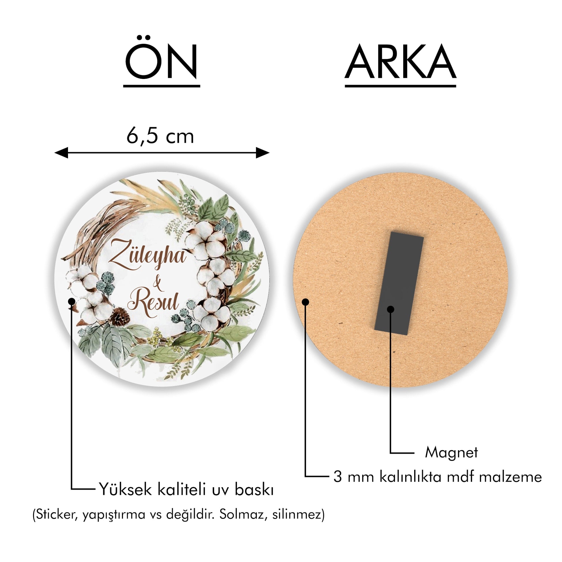 Pamuklu Yaprak Çelenk Desenli Yuvarlak Ahşap Magnet