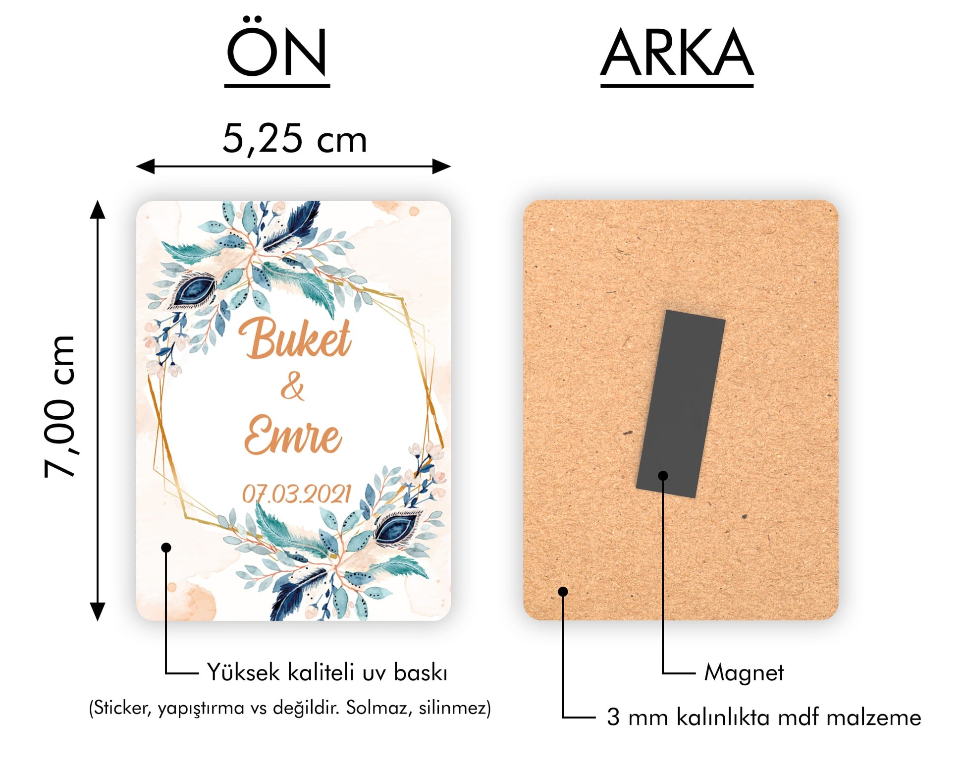 Mavi Çiçek Desenli Ahşap Magnet