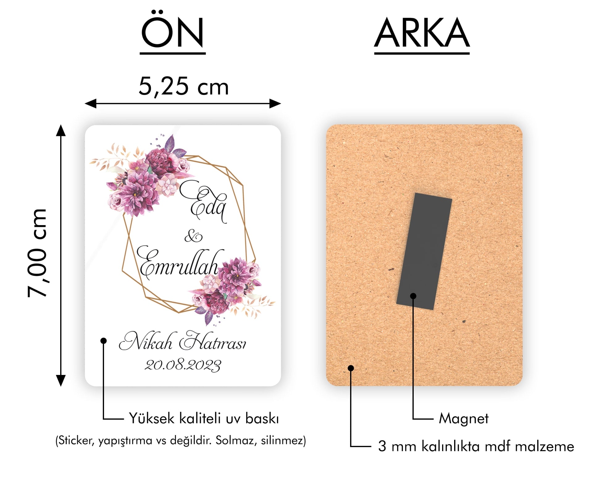 Mor Ve Pembe Çiçek Desenli Ahşap Magnet