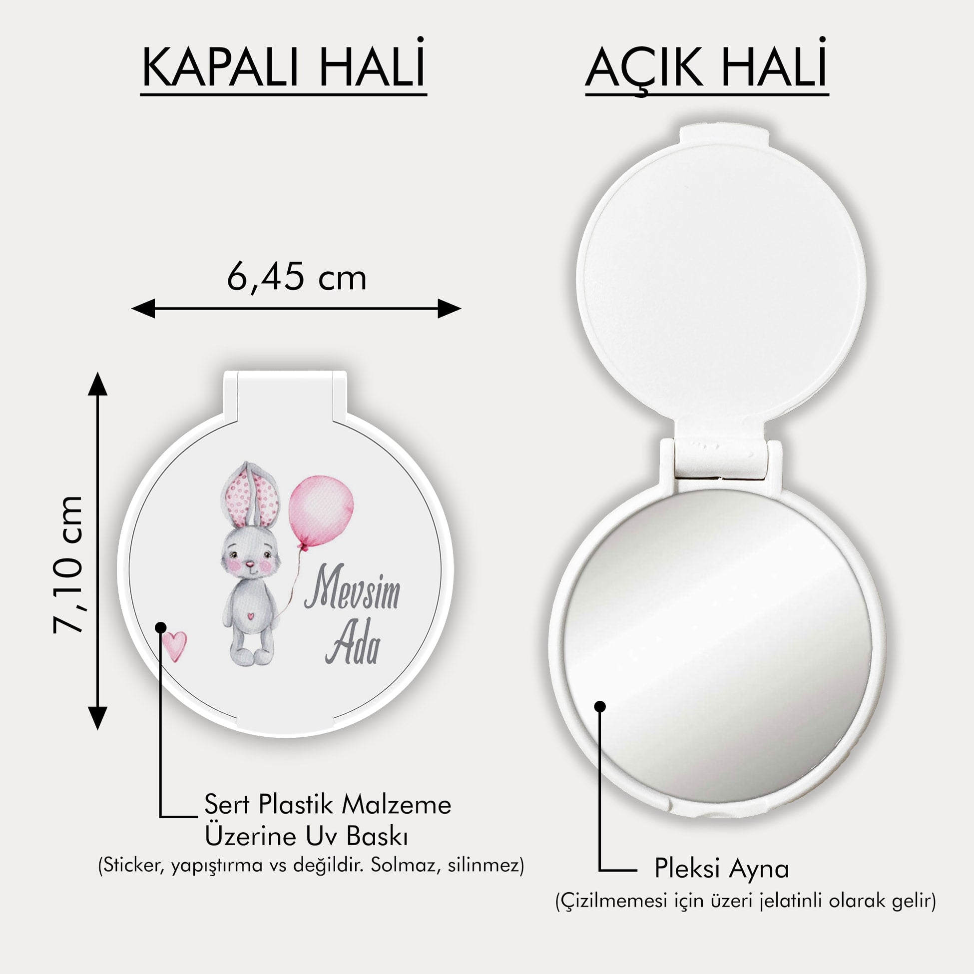 Pembe Balon Tutan Tavşan Deseni Yuvarlak Ayna