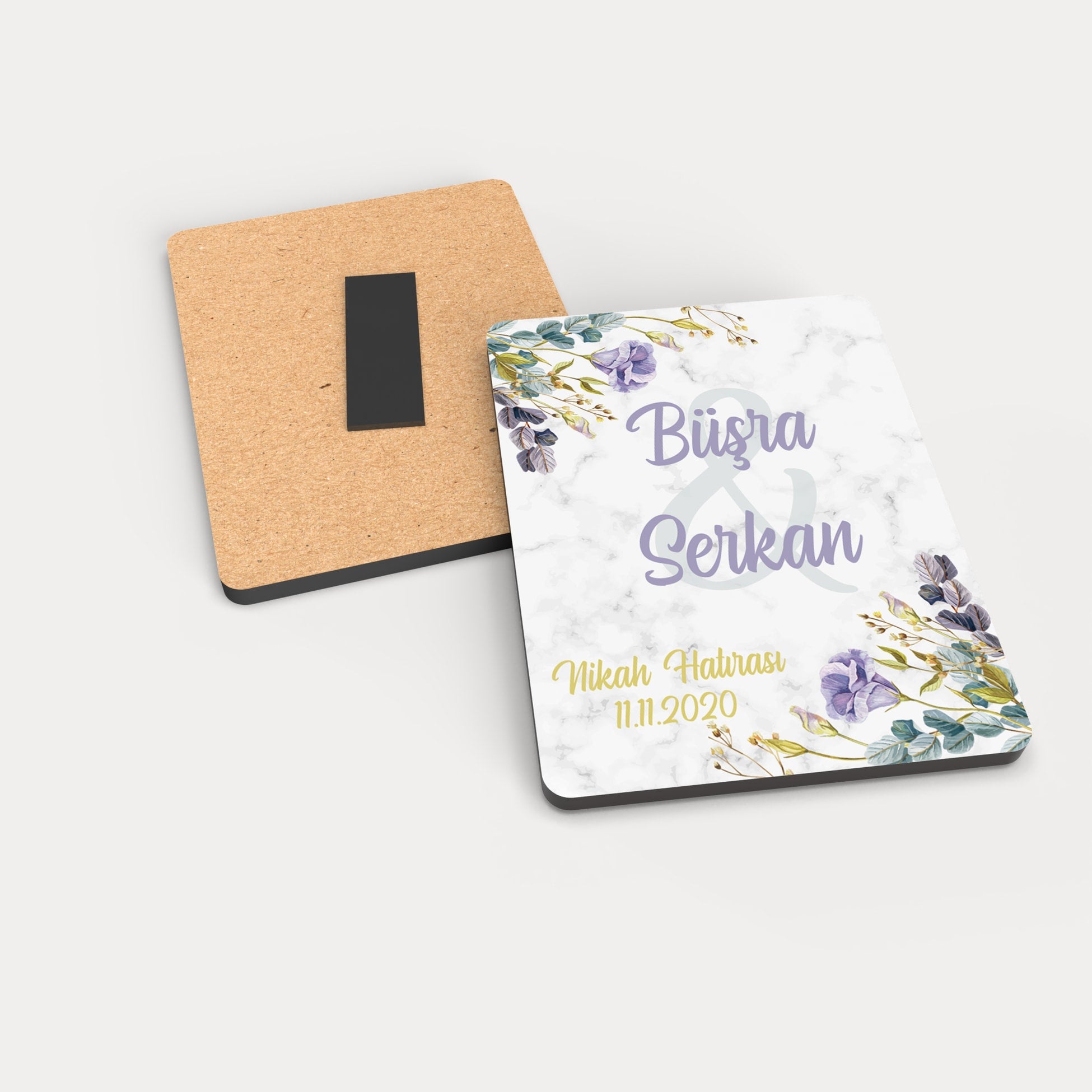 Mavi Mor Çiçek Desenli Ahşap Magnet
