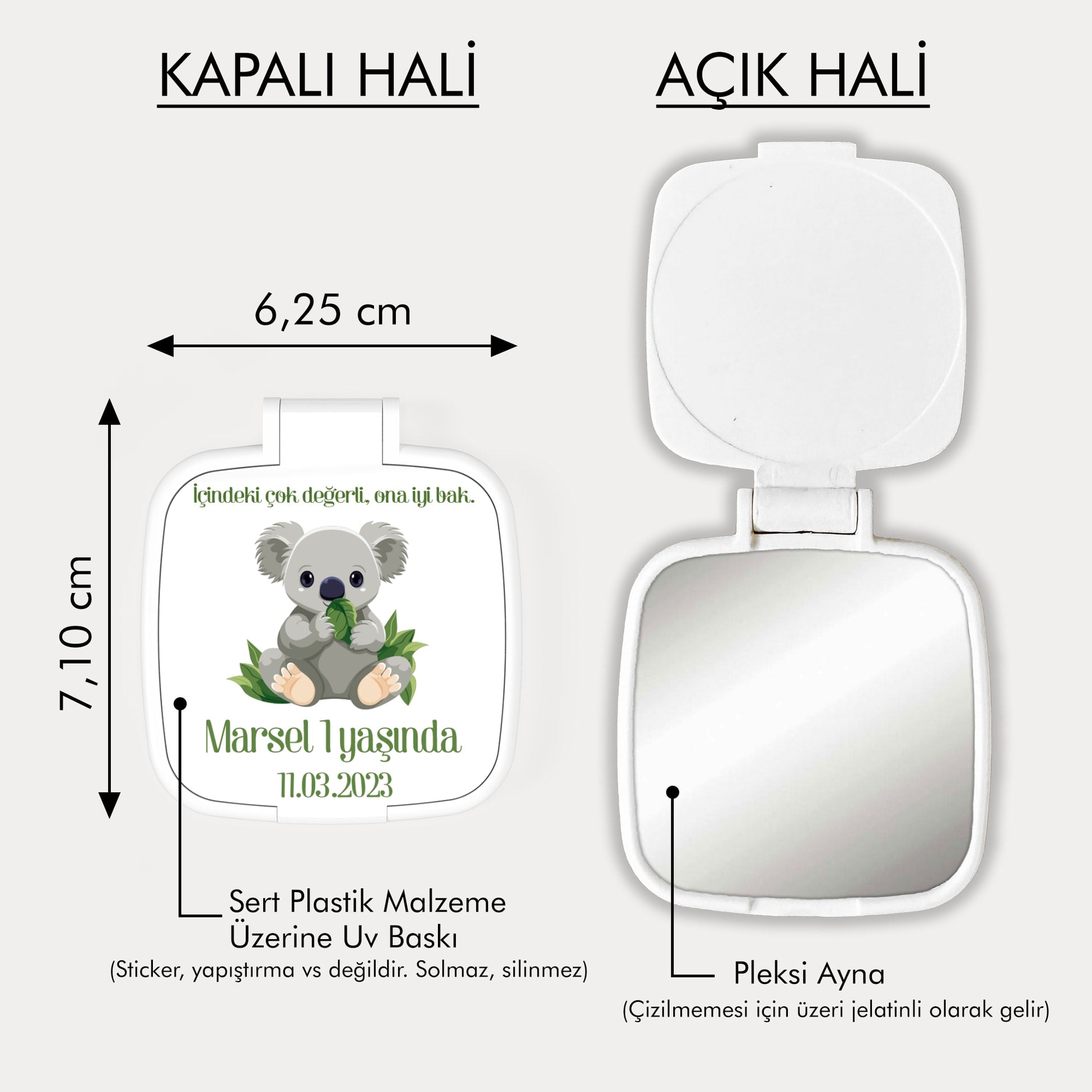 Koala Ve Yaprak Desenli Kare Ayna