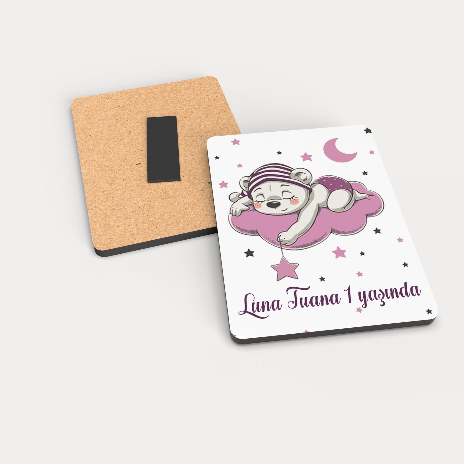 Pembe Ayıcık Desenli Ahşap Magnet