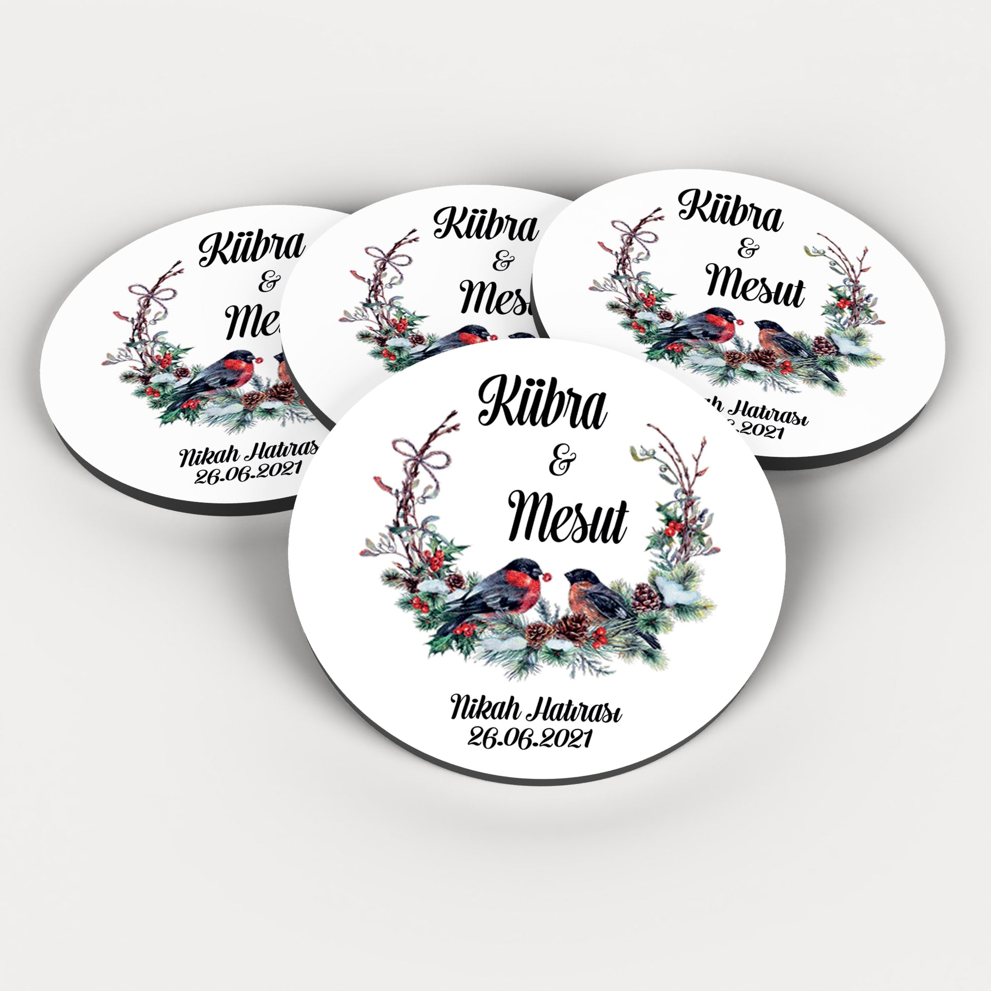 Çift Kuş Desenli Yuvarlak Ahşap Magnet