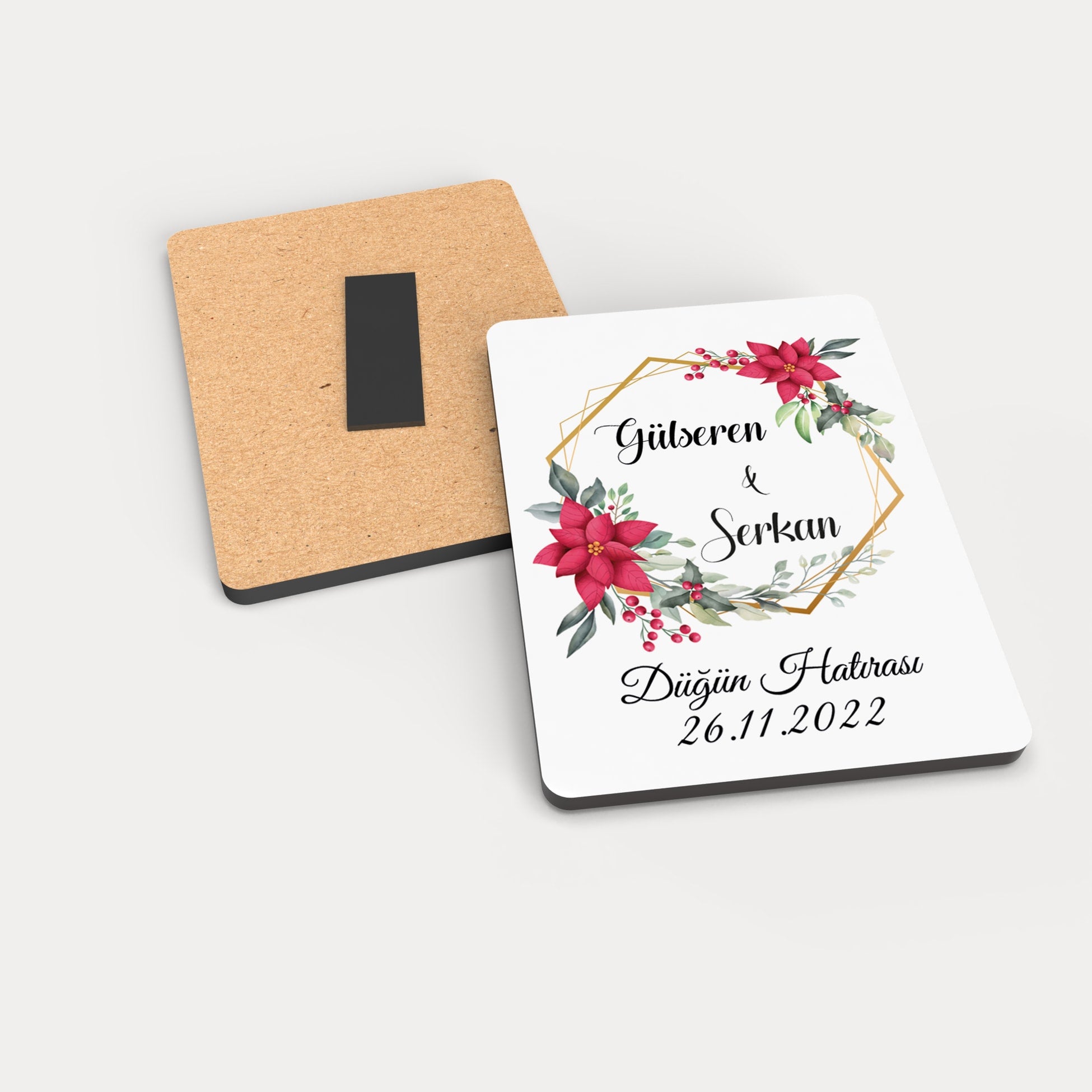 Kırmızı Çiçek Desenli Ahşap Magnet