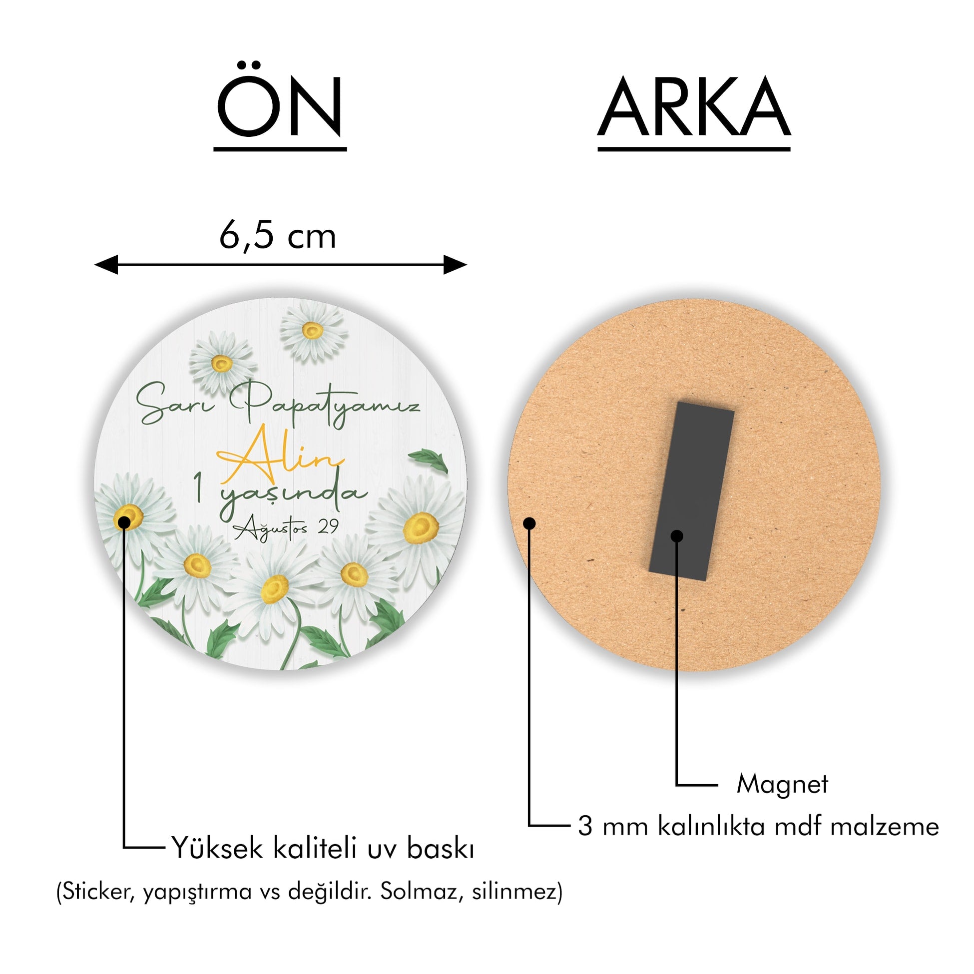 Papatya Desenli Yuvarlak Ahşap Magnet