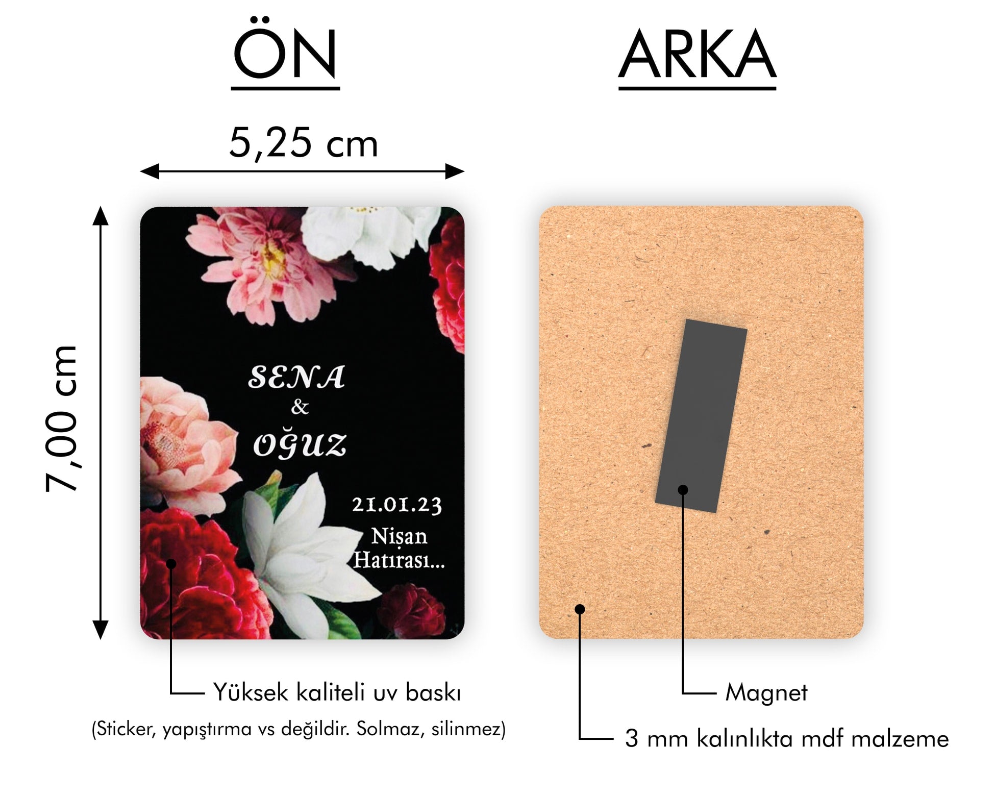 Siyah Zemin Çiçek Desenli Ahşap Magnet