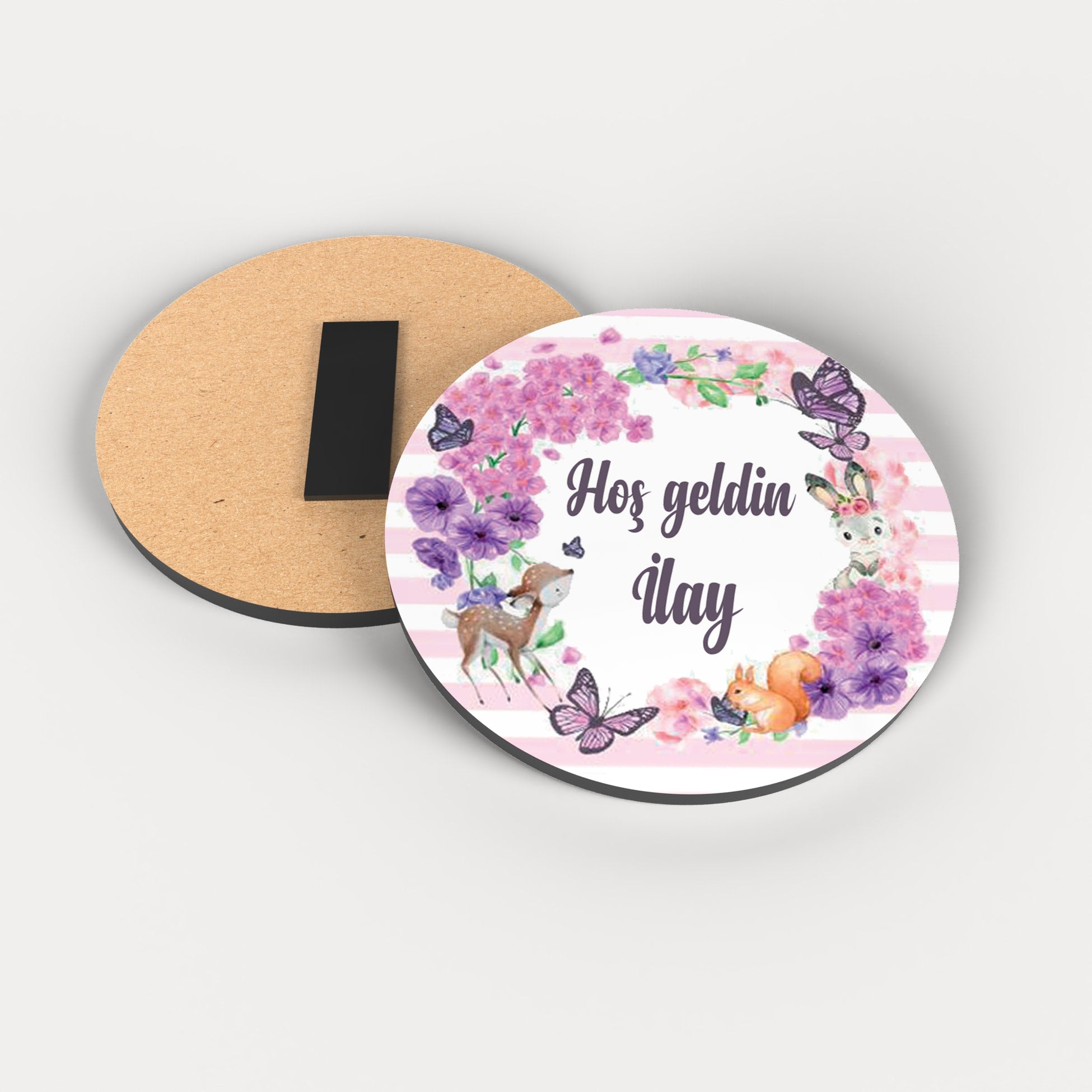 Pembe Mor Çiçek Desenli Yuvarlak Ahşap Magnet