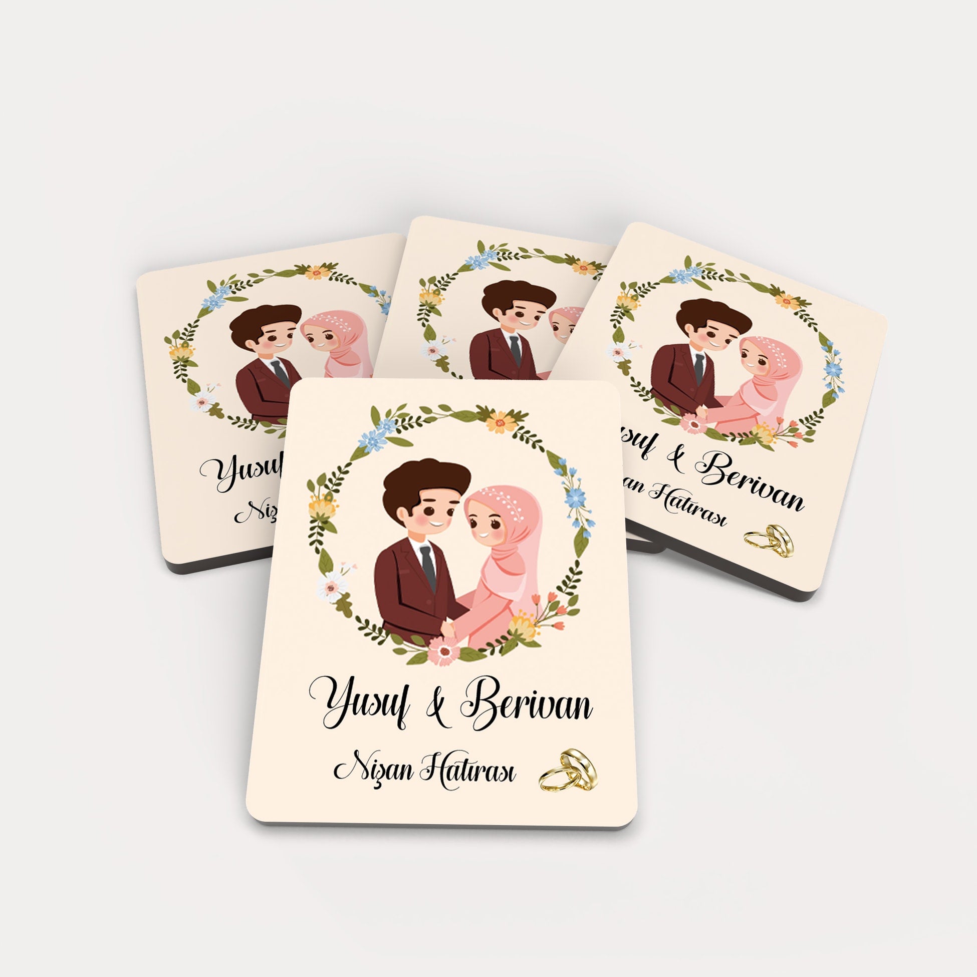 Tesettürlü Gelin Damat Desenli Ahşap Magnet