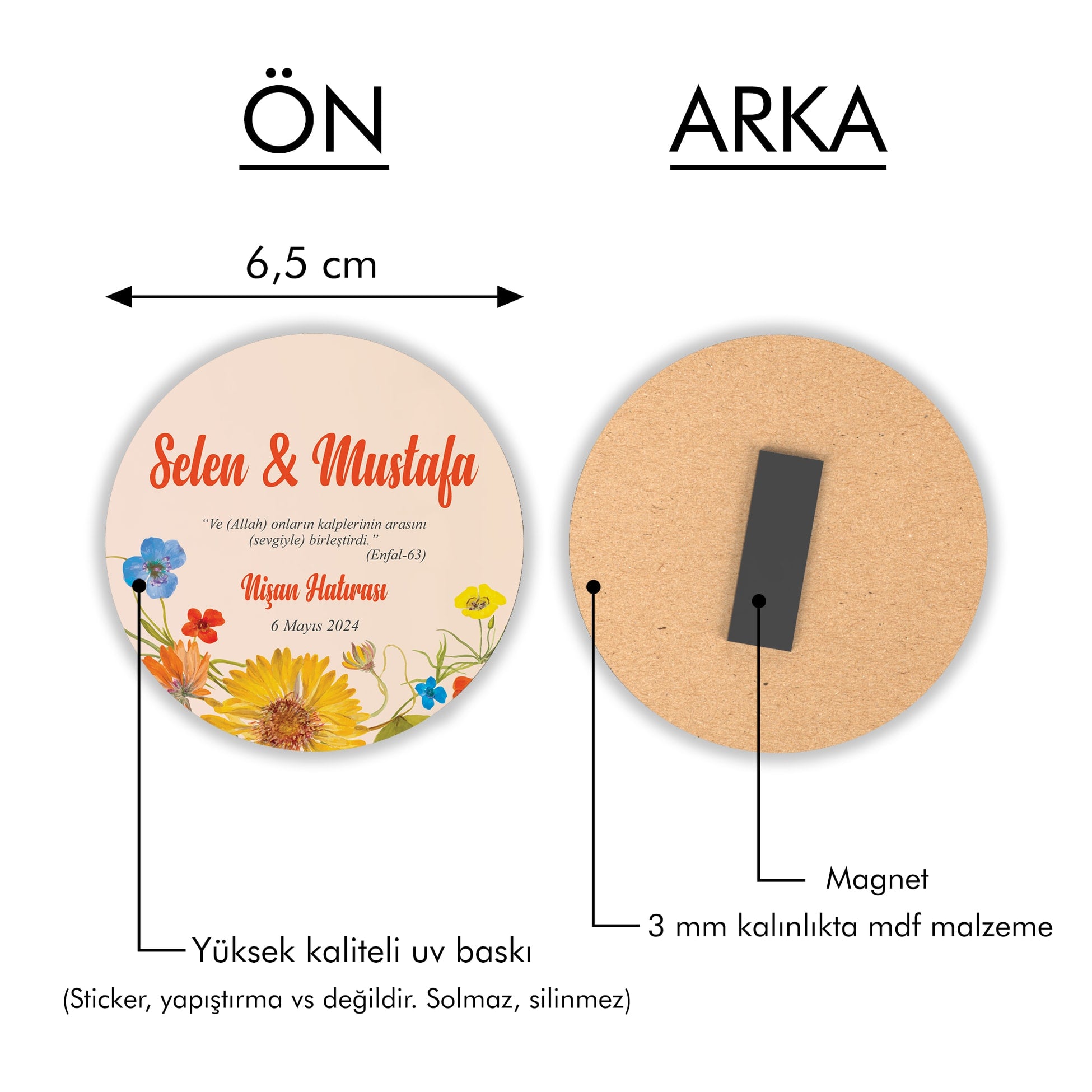 Renkli Çiçek Desenli Yuvarlak Ahşap Magnet