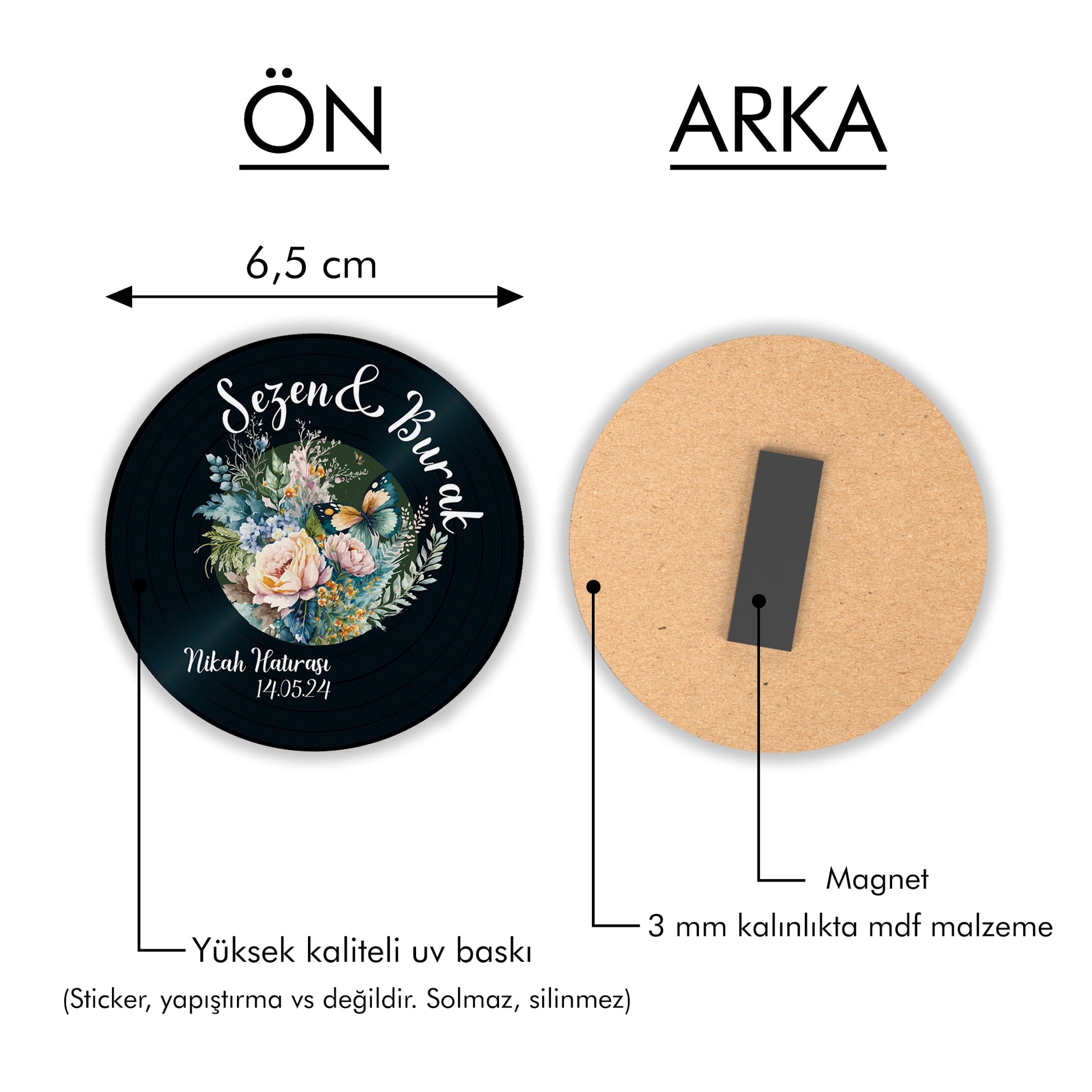 Kelebekli Plak Desenli Yuvarlak Ahşap Magnet