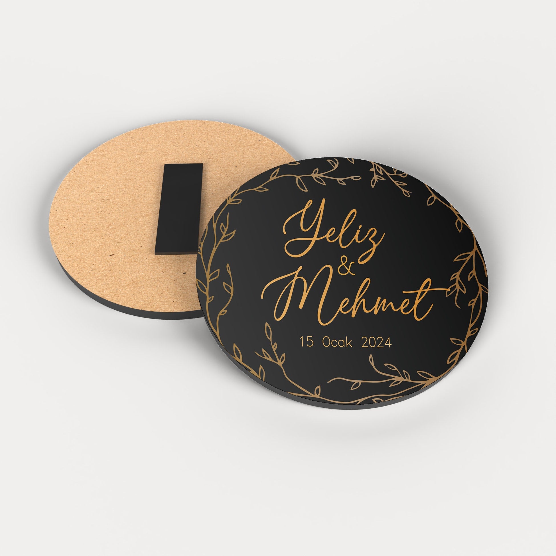 Siyah Gold Desenli Yuvarlak Ahşap Magnet
