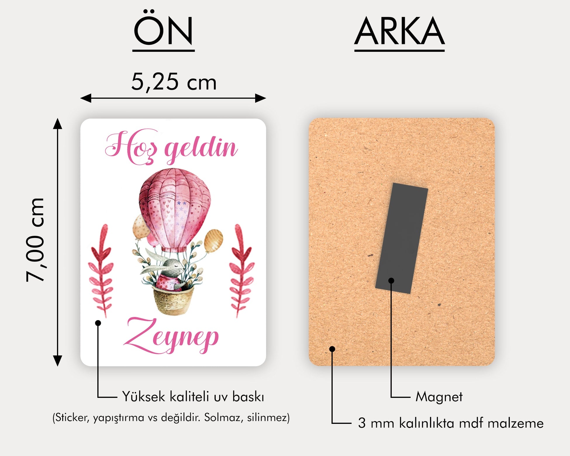 Pembe Uçan Balonda Tavşan Desenli Ahşap Magnet