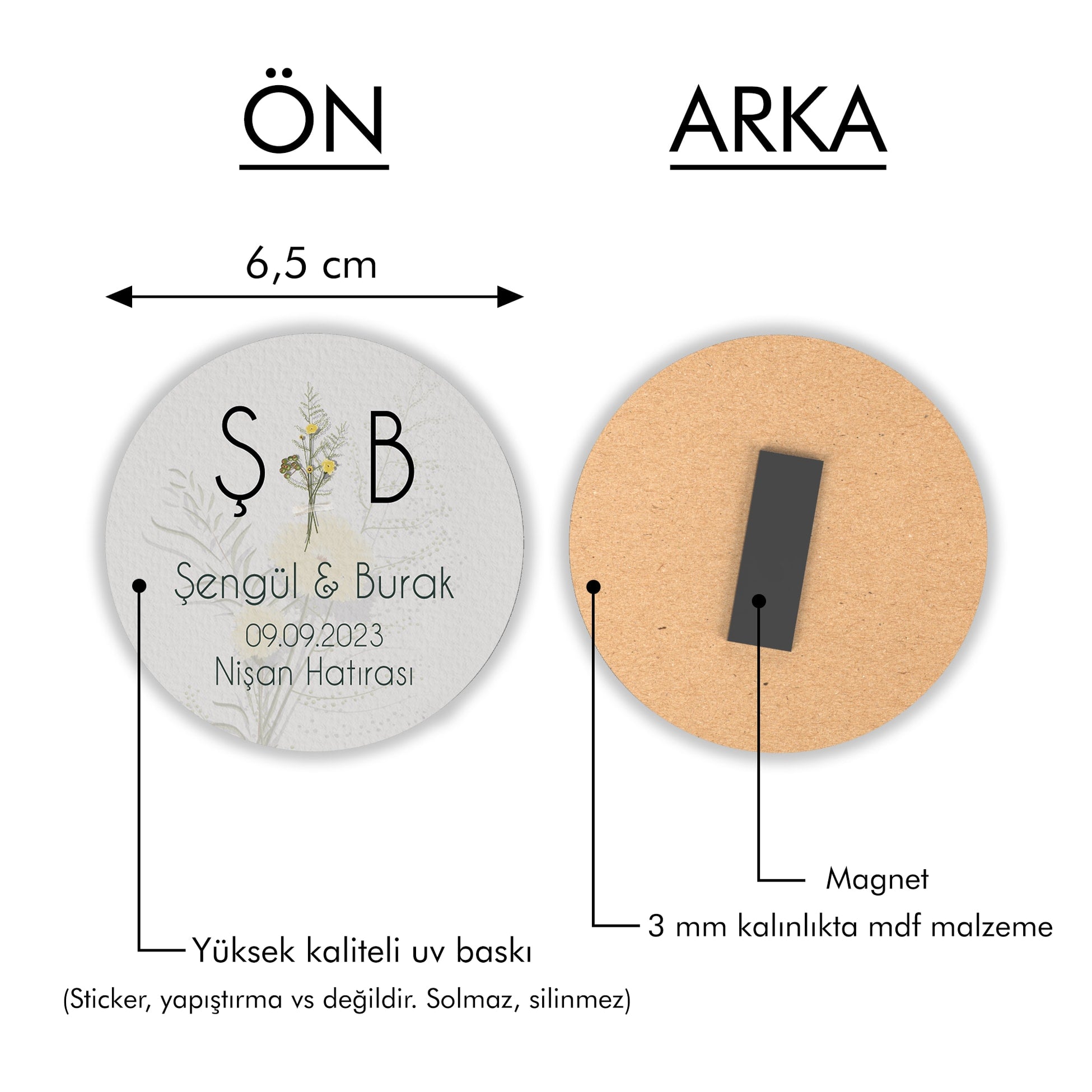 Harfli Çiçek Desenli Yuvarlak Ahşap Magnet